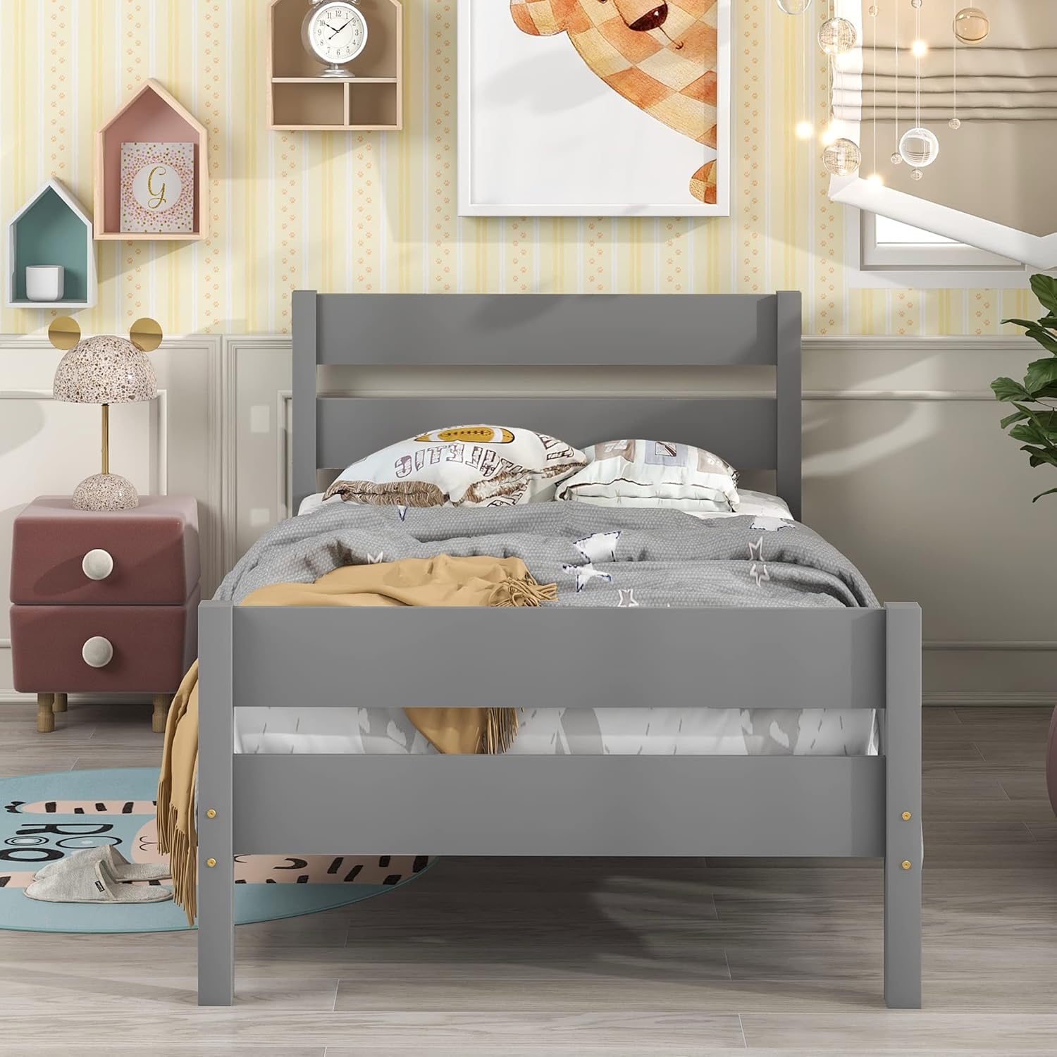 Base de cama individual de madera para niños, marco de cama de plataforma individual con cabecero de diseño ahuecado y estribo para niños y niñas,