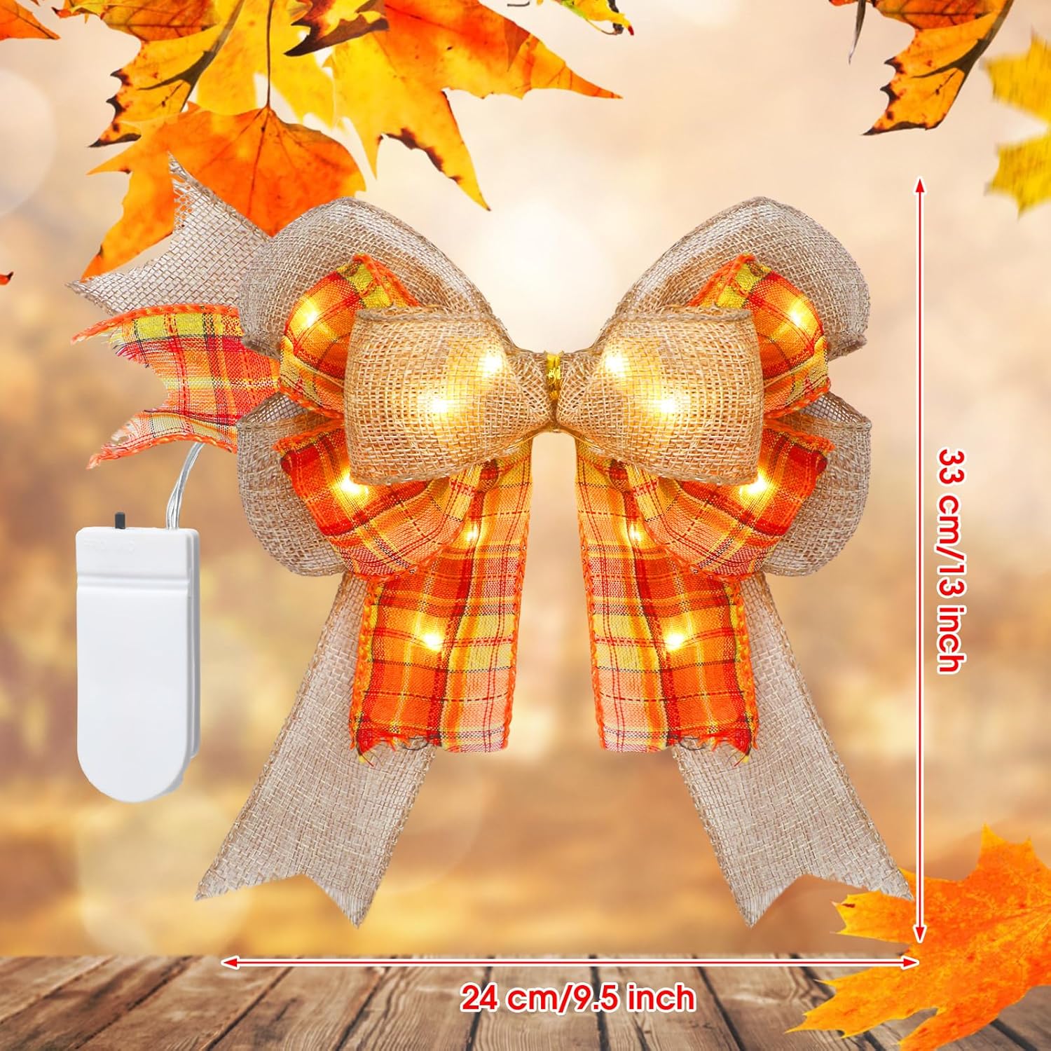 4 lazos LED de otoño para coronas, lazo de arpillera a cuadros de búfalo naranja con luces LED, lazos de Acción de Gracias para decoración de árbol,