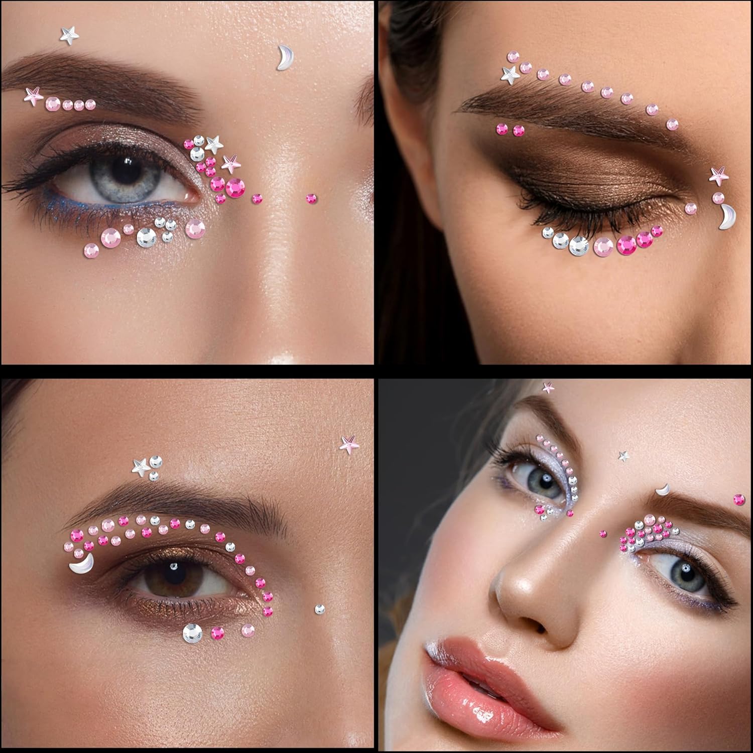 Pufandor 256 diamantes de imitación para la cara con luna de estrella para maquillaje, multiformas, festivales, joyas faciales, calcomanías para el