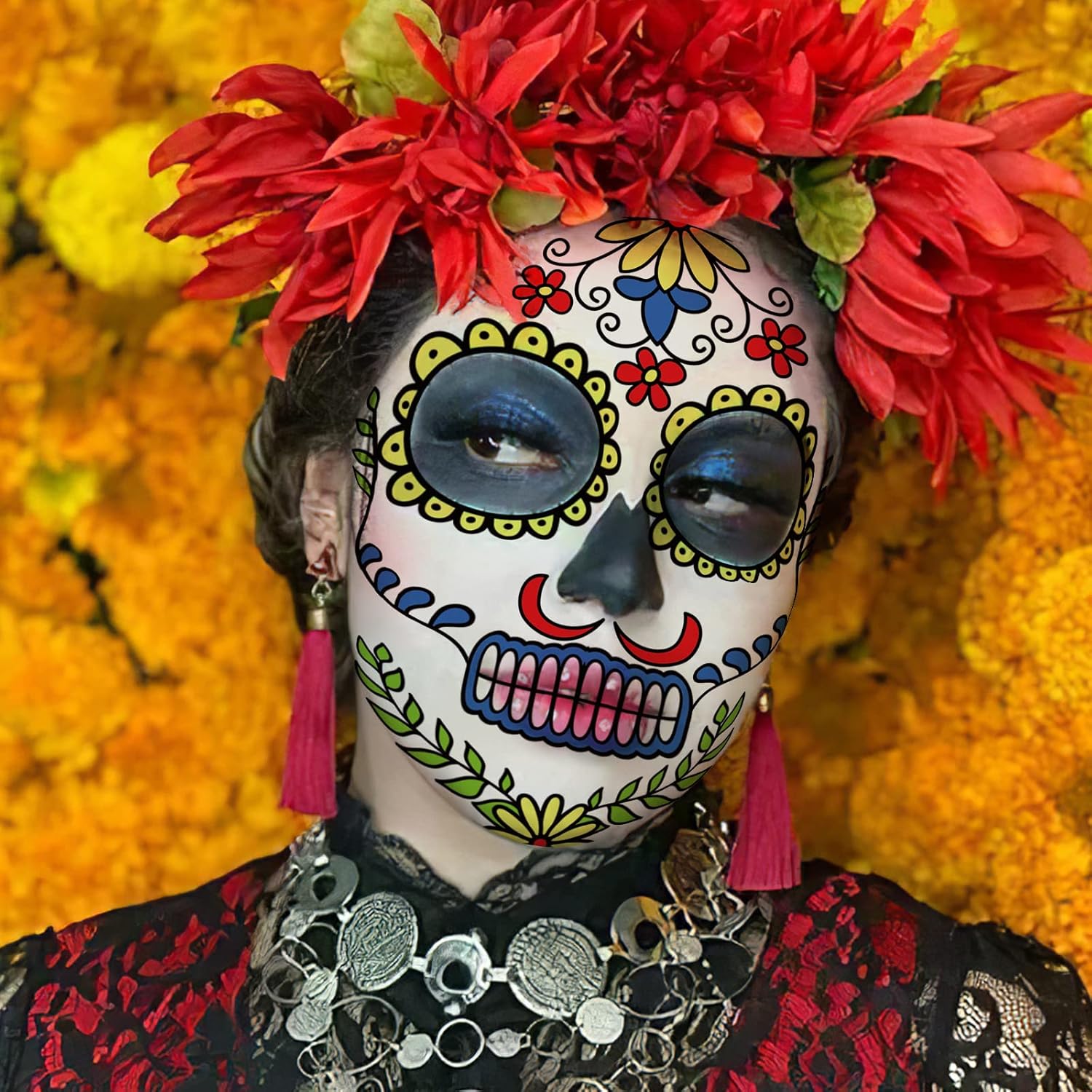 Kit de maquillaje de tatuajes de cara del día de los muertos, paquete de 10 tatuajes temporales de calavera de azúcar de Halloween para adultos,