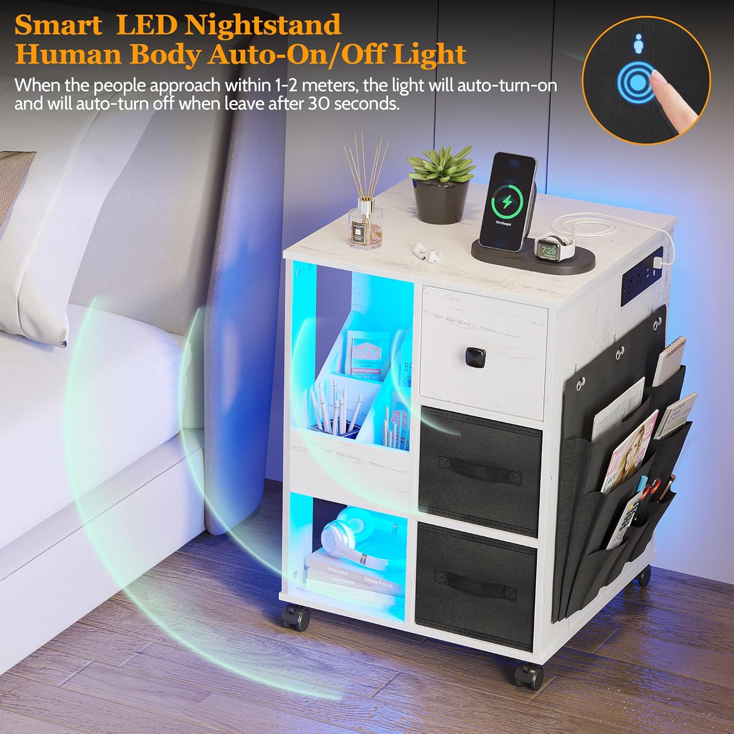 dnbss Mesita de noche con estación de carga, mesa auxiliar LED con cajones, mesita de noche inteligente con puertos USB, moderna mesita de noche con