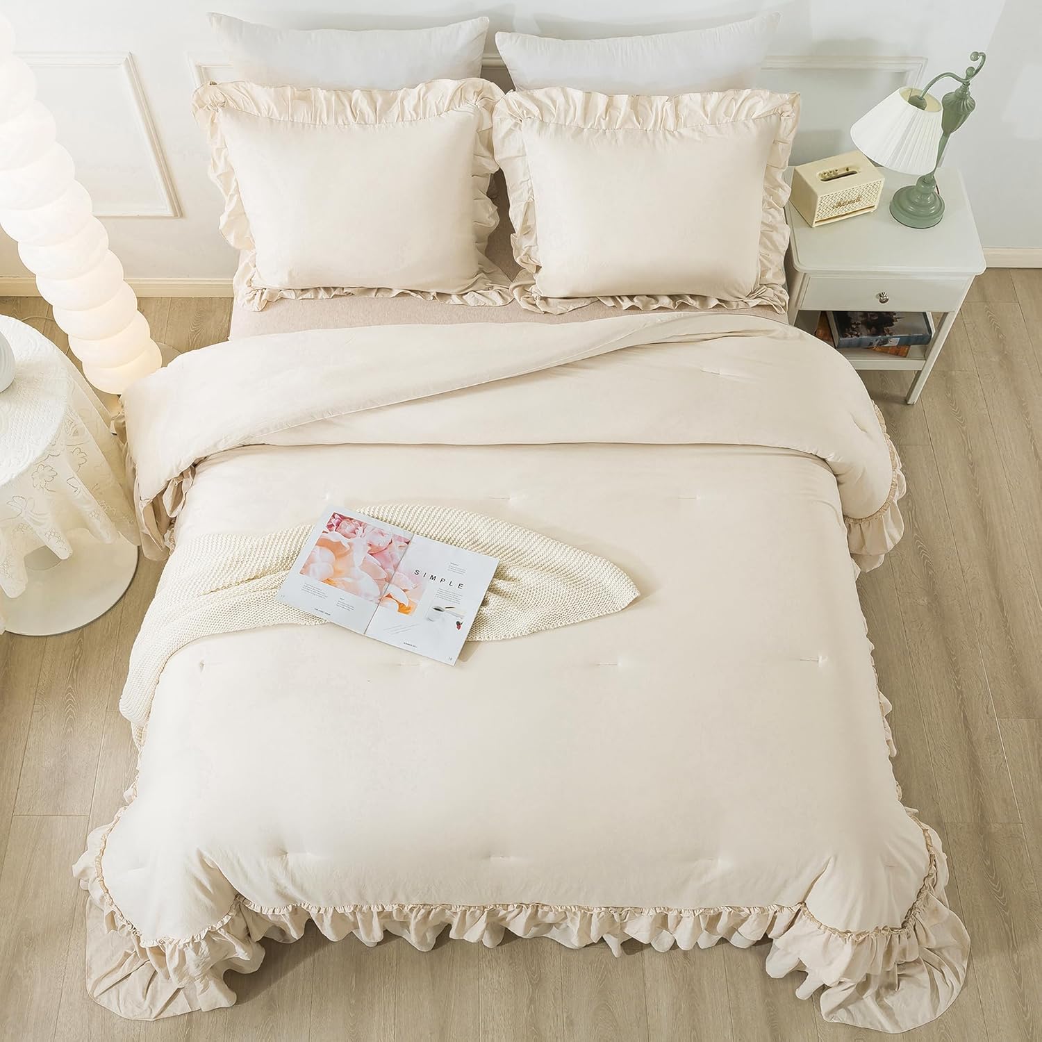 Andency Juego de edredón beige tamaño Queen, juego de edredón suave y ligero con volantes lisos, 3 piezas, para todas las estaciones, estilo rural,