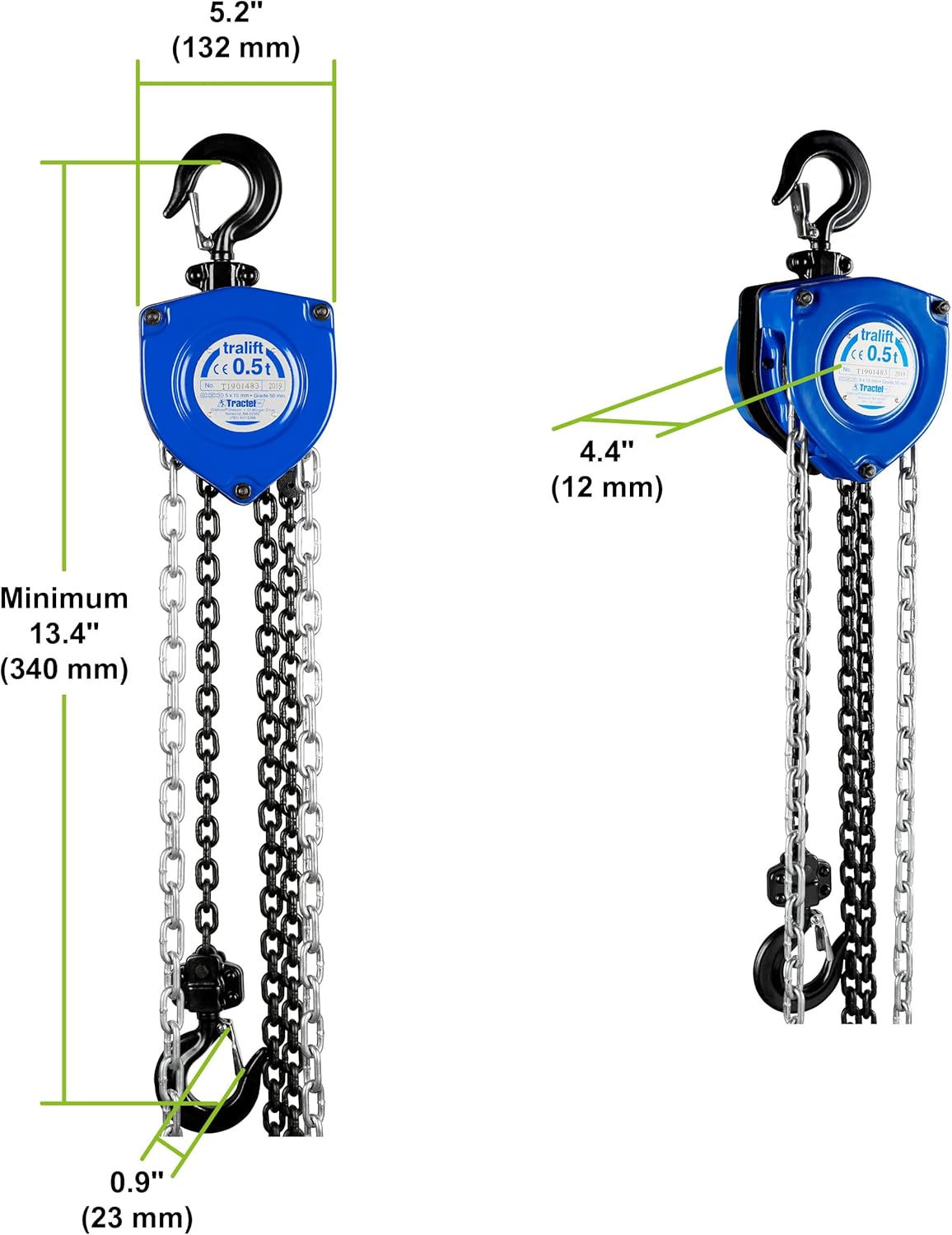 Tractel Polipasto de cadena manual  12 tonelada – capacidad de 1000 libras  Cadena de acero de 40 pies  Acero de grado industrial para construcción,