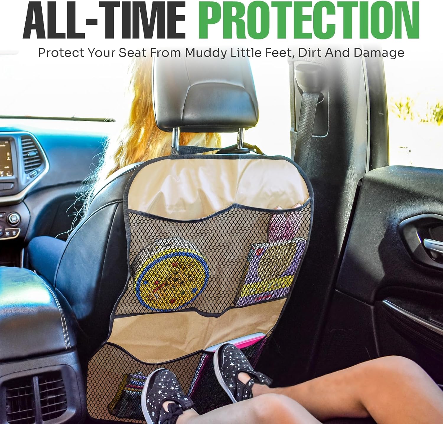 lebogner Funda de asiento trasero para niños (beige, alfombrillas para patadas + organizador de 4 bolsillos)