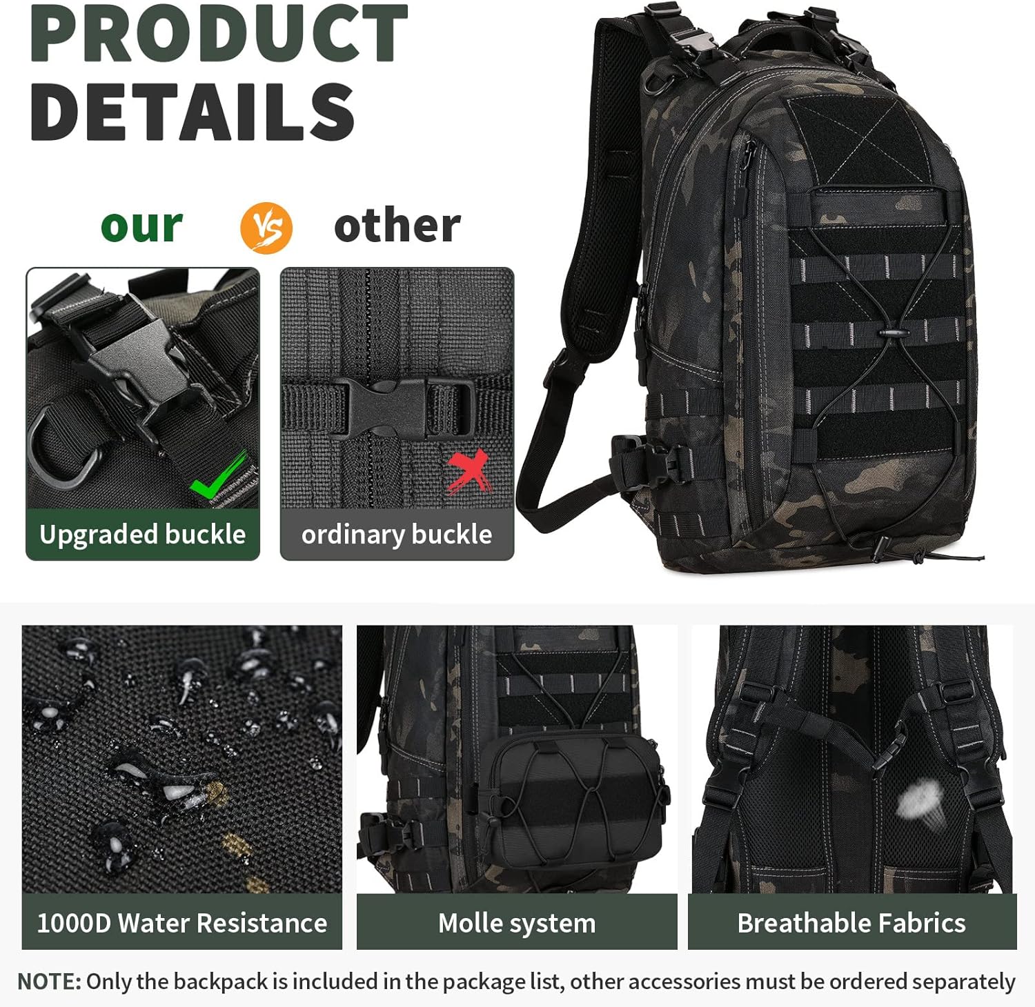 HUNTVP Mochila militar MOLLE para caza, mochila táctica Backpck Assault Pack se puede fijar con el chaleco y el cinturón, Camo Negro, Mochilas de