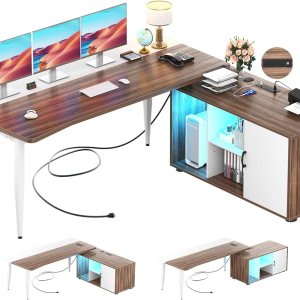 Unikito Escritorio para computadora de 55 pulgadas con gabinete, escritorio grande en L con LED y estación de carga, escritorio de oficina en casa Unikito Escritorio para computadora de 55 pulgadas con gabinete, escritorio grande en L con LED y estación de carga, escritorio de oficina en casa