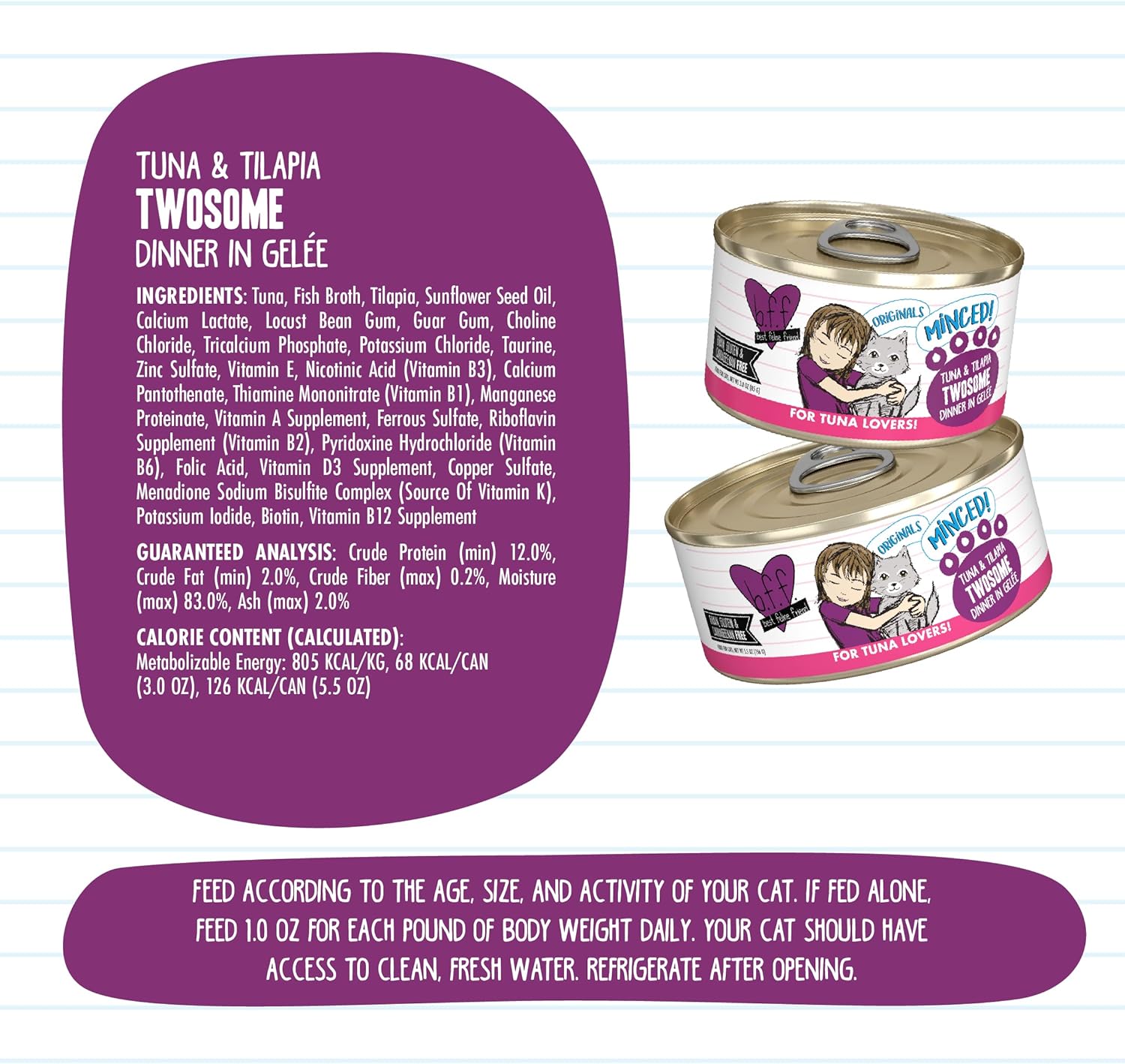 Weruva Best Feline Friend (B.F.F.) Twosome de atún y tilapia con atún y tilapia en gelée para gatos, lata de 5.5 onzas (paquete de 24)