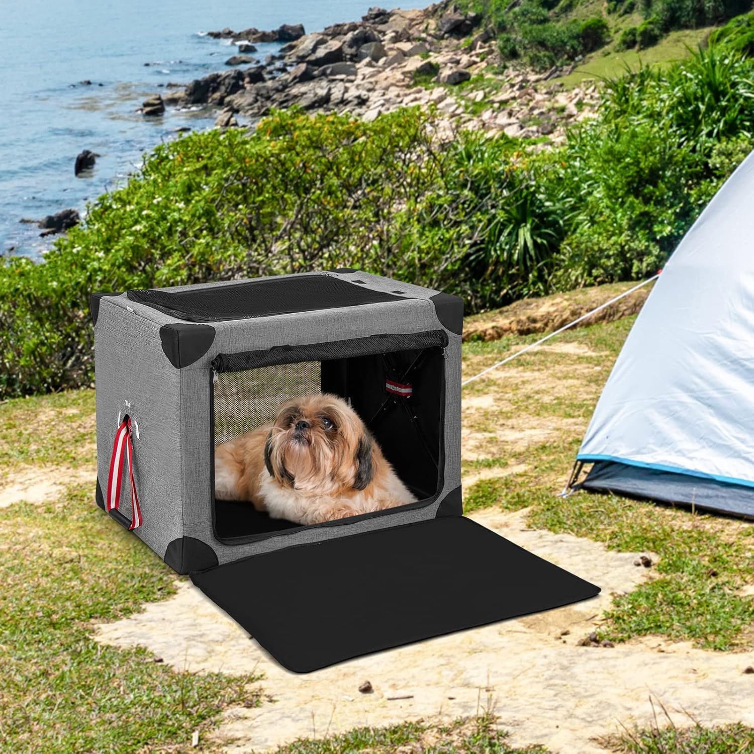 Tangkula Jaula plegable para perros de 3 puertas, suave con almohadilla extraíble y marco de metal, transportador de viaje para mascotas, lavable