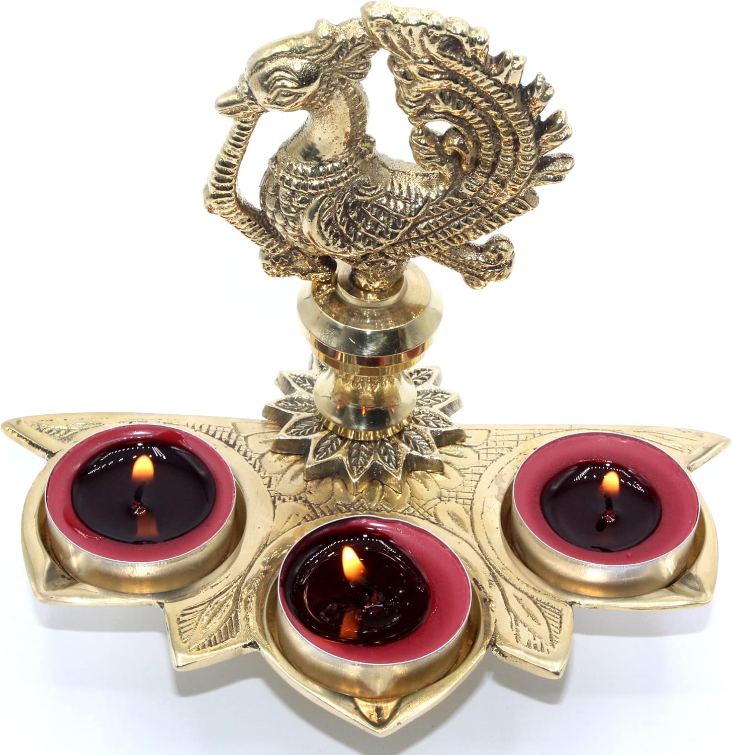 -Hecho a mano de latón macizo pavo real mesa 3 candelabros candelabros decoración  Decoración india Golden Diya PujaPooja lámpara de aceite de