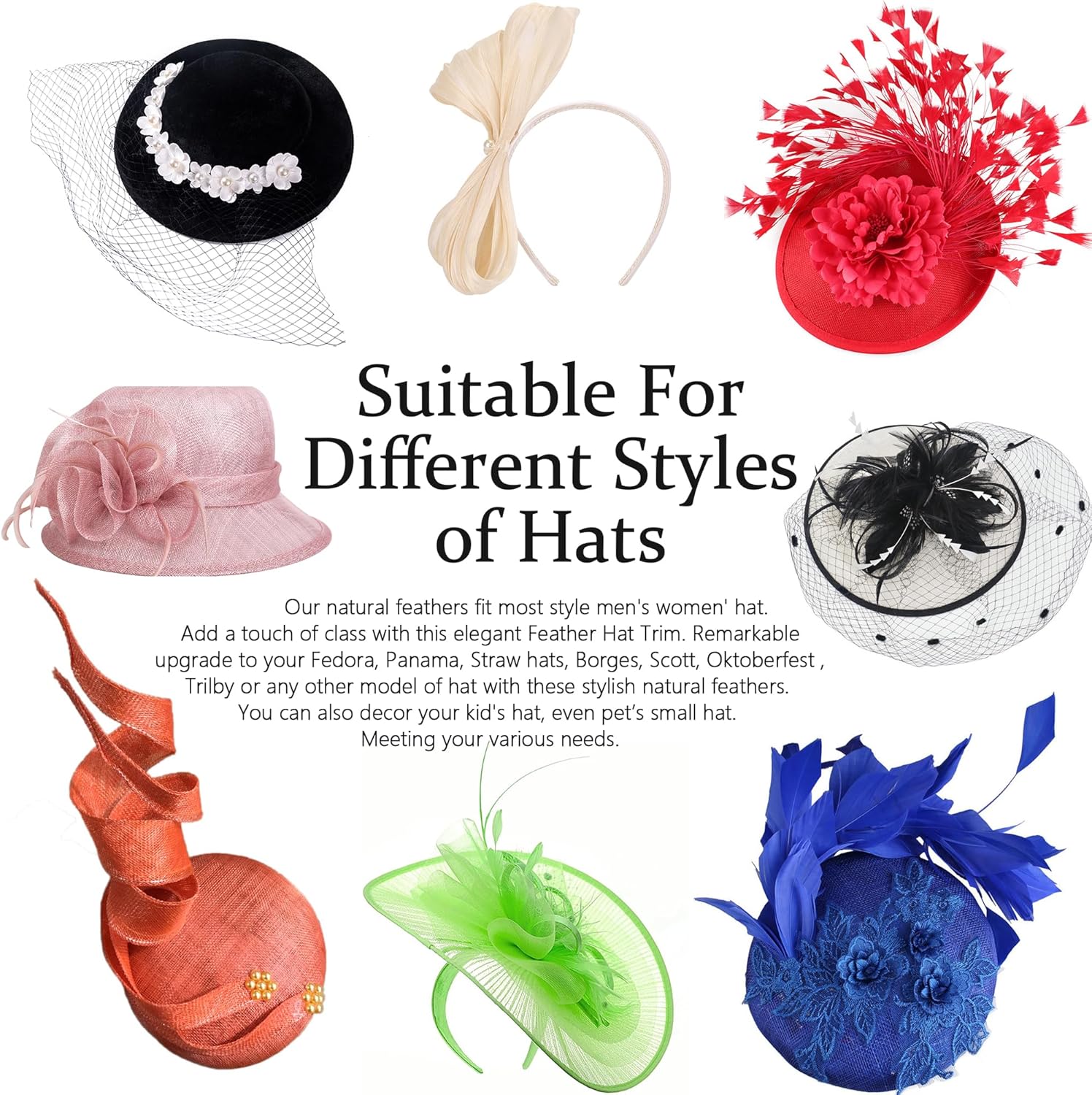 Plumas de sombrero 20 estilos surtidos de plumas para sombreros Fedora, accesorios coloridos de plumas reales para hombres y mujeres