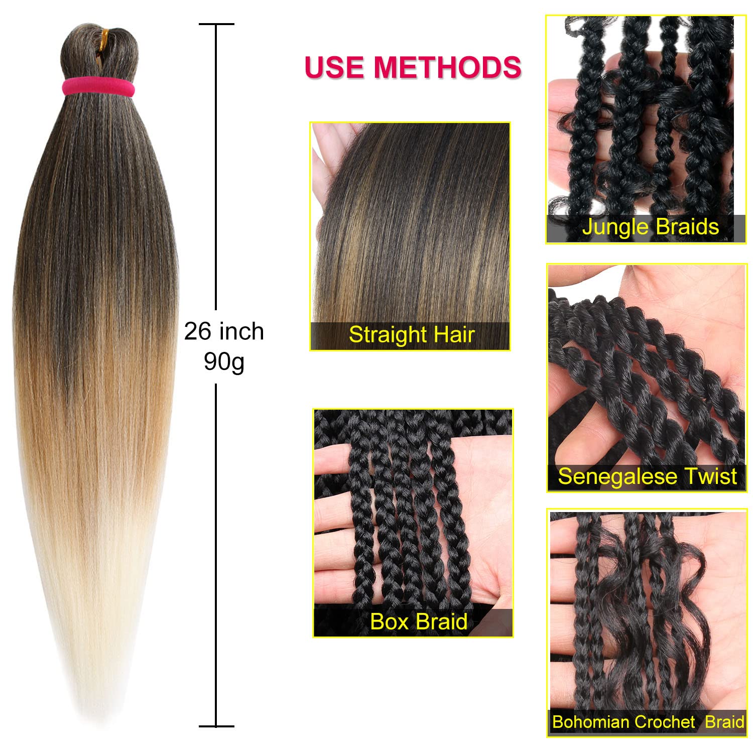 Leeven 2 paquetes de cabello negro para trenzar de 26 pulgadas, preestirado, fácil para trenzar el cabello, textura Yaki, cabello trenzado