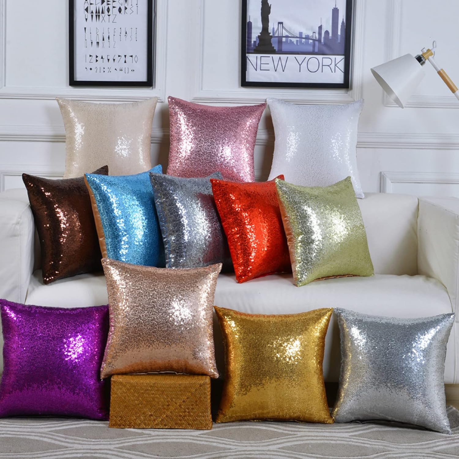 New Luxury Series – Funda de almohada decorativa de satén con lentejuelas brillantes, color beige, para interiores y exteriores, para sofá, sala de