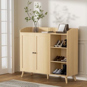 DIYART Armario de almacenamiento de zapatos de roble que se ajusta hasta el tamaño de zapato 16, armario de zapatos de 5 niveles con puertas y DIYART Armario de almacenamiento de zapatos de roble que se ajusta hasta el tamaño de zapato 16, armario de zapatos de 5 niveles con puertas y