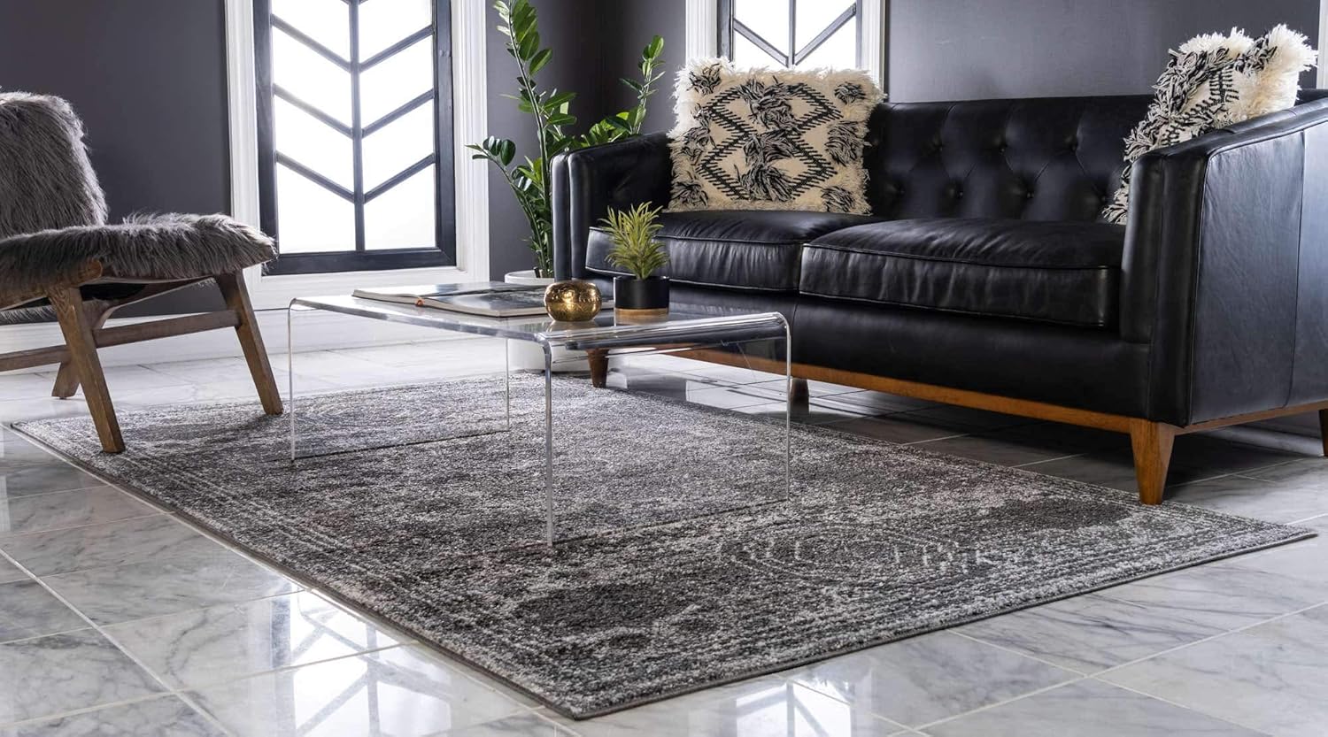 Unique Loom Bromley Collection Vintage Traditional Medallion Border – Alfombra, Polipropileno, Gris oscuroCrema