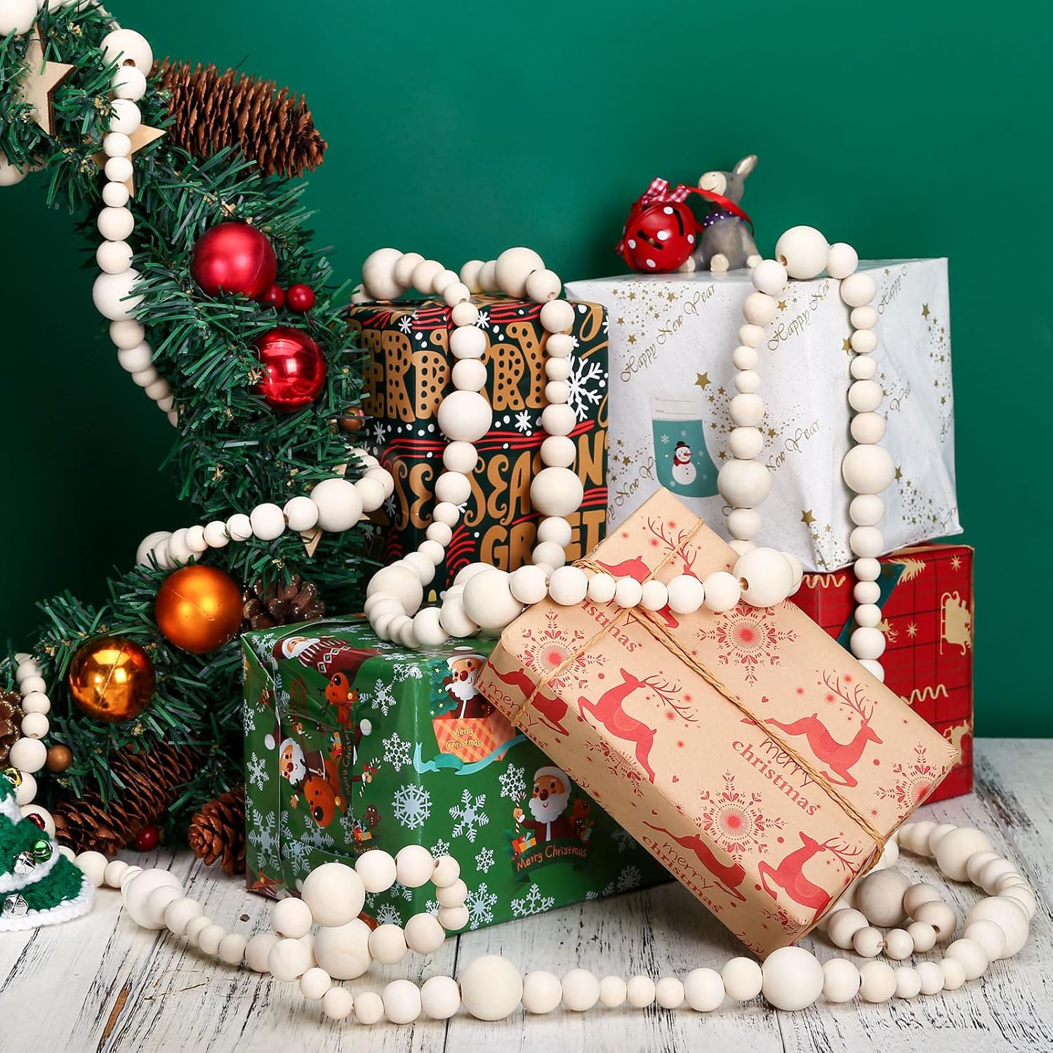 GWHOLE Guirnalda de cuentas de madera para decoración de árbol de Navidad, adorno bohemio para Navidad, fiestas, casa de campo, decoración de manto