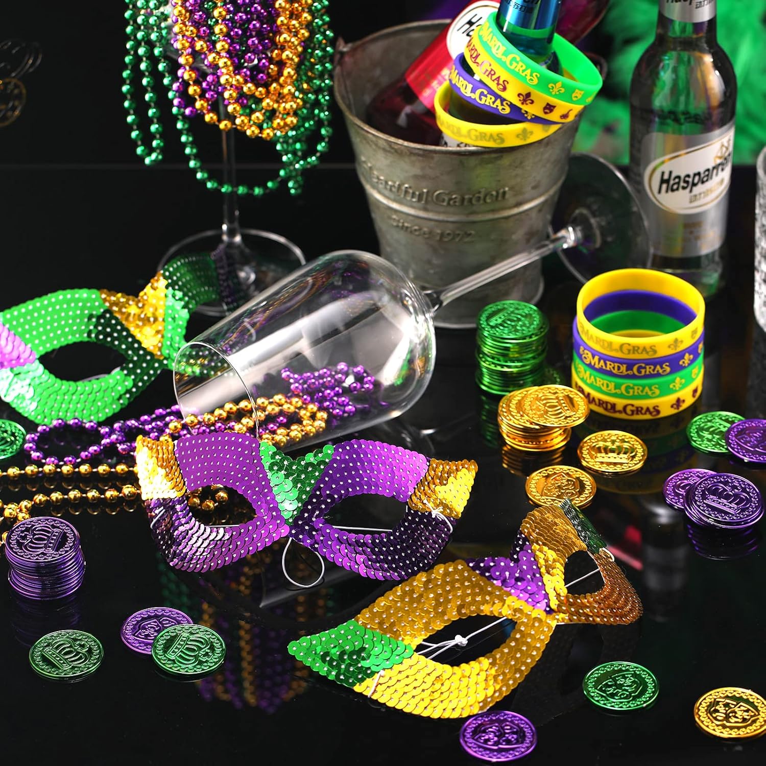 120 unidades de Mardi Gras, recuerdos de fiesta, Mardi Gras, máscaras de ojos de plástico, morado, verde, dorado, monedas, collares, pulseras de