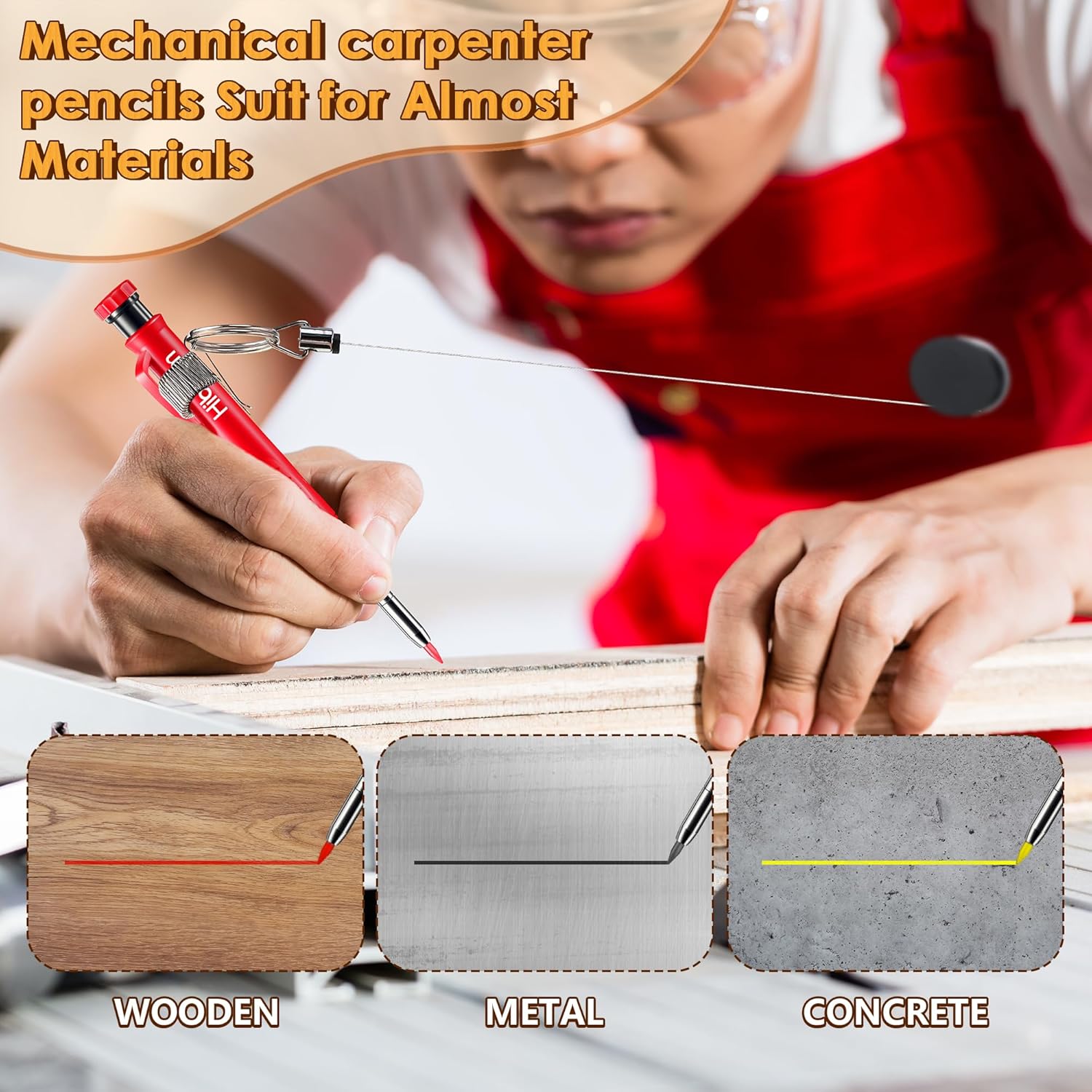 Hiboom Lápices de carpintero con soporte retráctil, lápices de construcción de marcadores de agujeros profundos con sacapuntas integrado y bolsa de