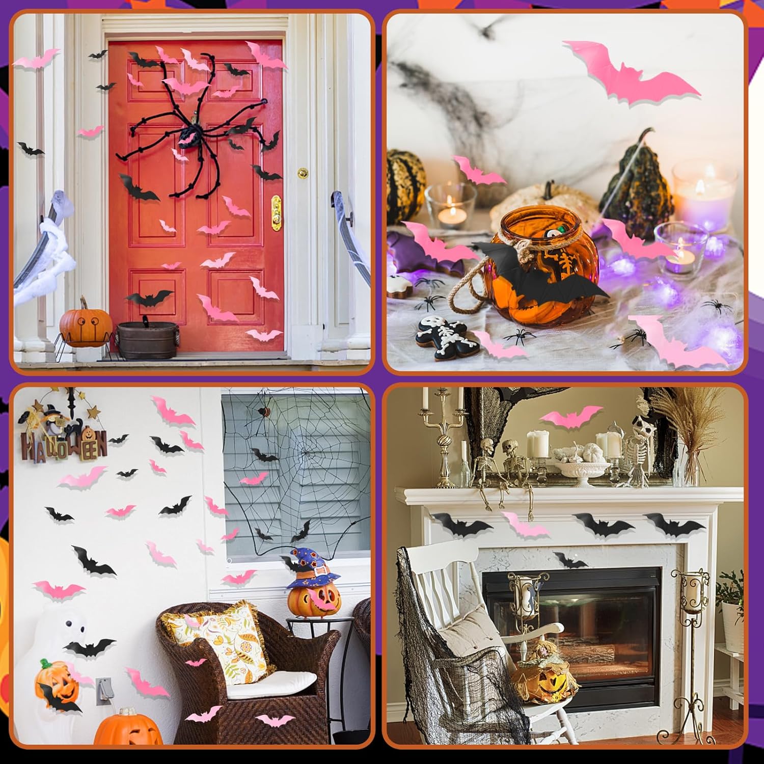 48 piezas de decoración de pared de murciélagos de Halloween rosados, murciélagos 3D, decoración de Halloween, murciélagos de PVC para pared,