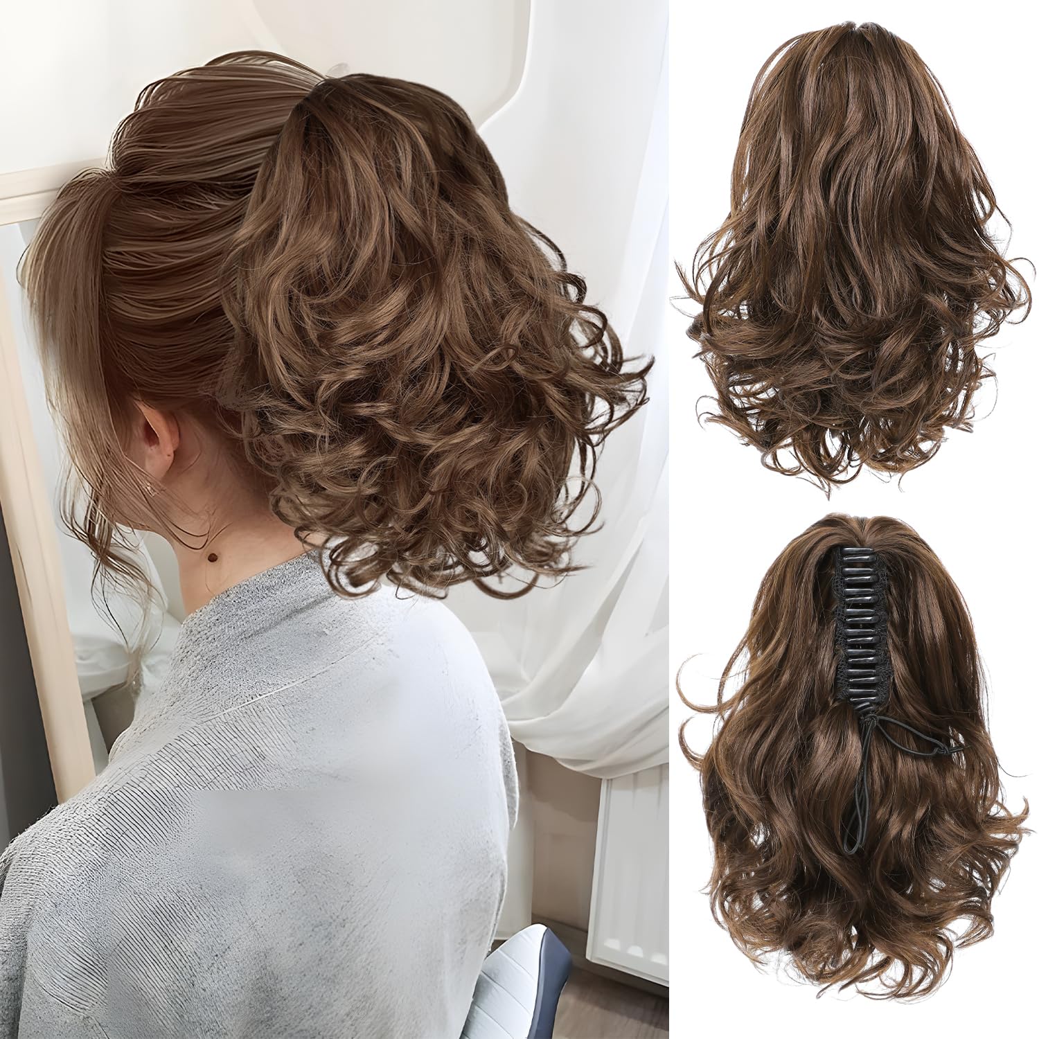 Ponytail Extension – Claw Clip Ponytail Extension for Women, Short Curly Pony Tails Hair Extensions, 10 Inch Fake Ponytail Wig for Daily Use