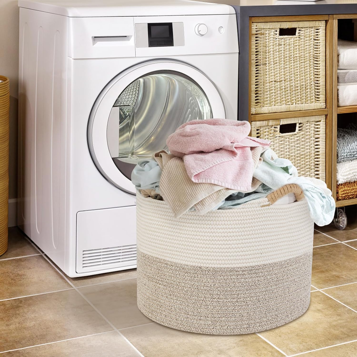 POSH PEAK – Cesta de almacenamiento de cuerda de algodón tejida grande de 68 litros de 20 x 14 pulgadas, cesta de almacenamiento de cuerda de