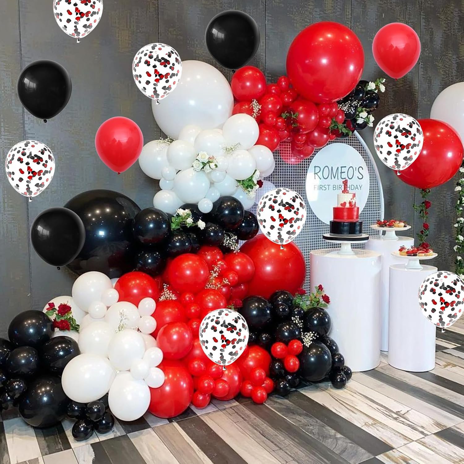 Globos de confeti negro y rojo, 60 paquetes de globos de fiesta negros y rojos de 12 pulgadas con cintas para hombres y mujeres, cumpleaños, bodas,