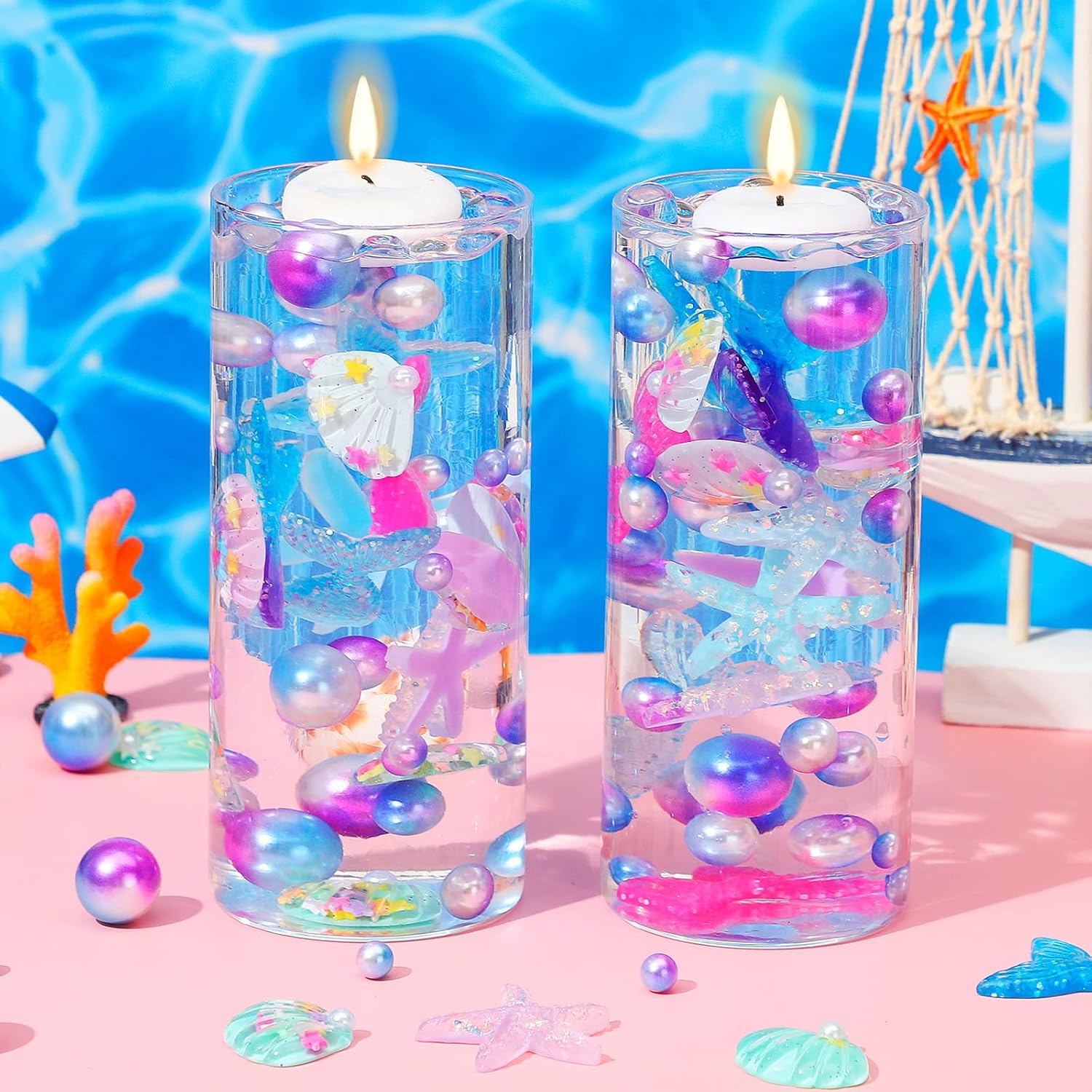 Jutom 10150 piezas de centro de mesa de sirena de relleno de sirena para mesas, concha, cola de pez, estelleroide, cuentas de perlas multicolor,