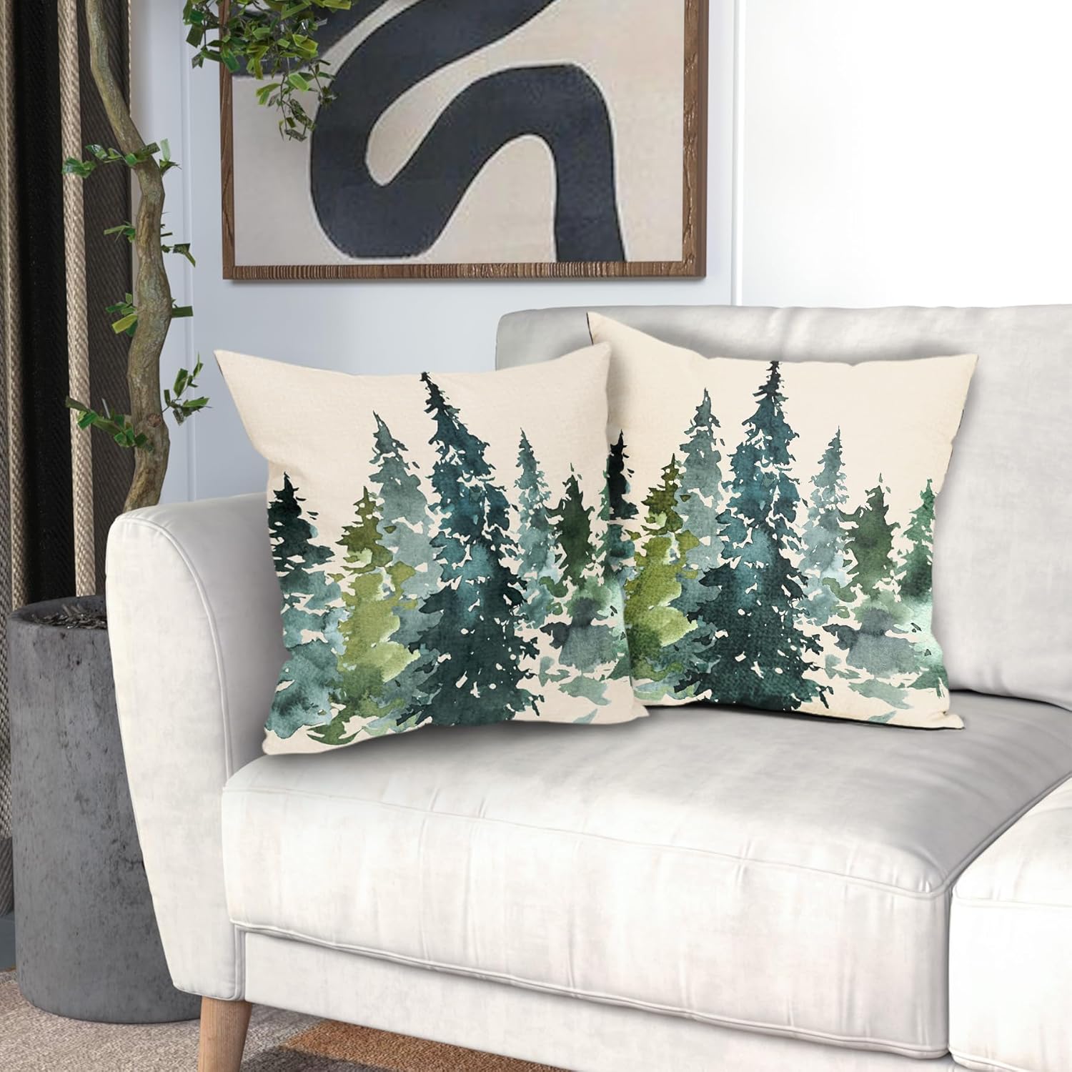 Juego de 2 fundas de almohada decorativas con diseño de árbol azul y verde en acuarela de 18 x 18 pulgadas, con temática de naturaleza, decoración