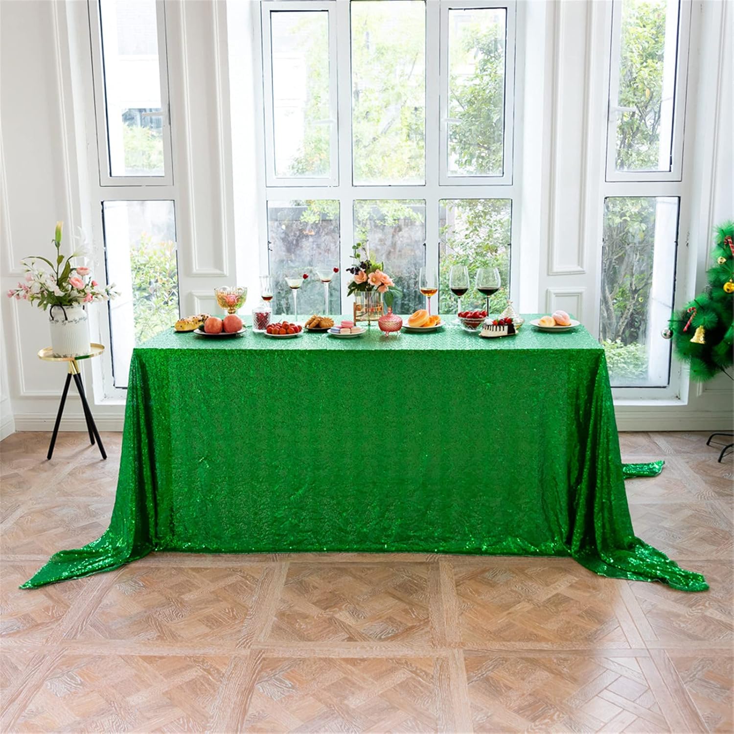 Mantel cuadrado de lentejuelas verdes con purpurina para boda, baby shower, fiesta de cumpleaños, festivales, banquetes, postres y decoración de