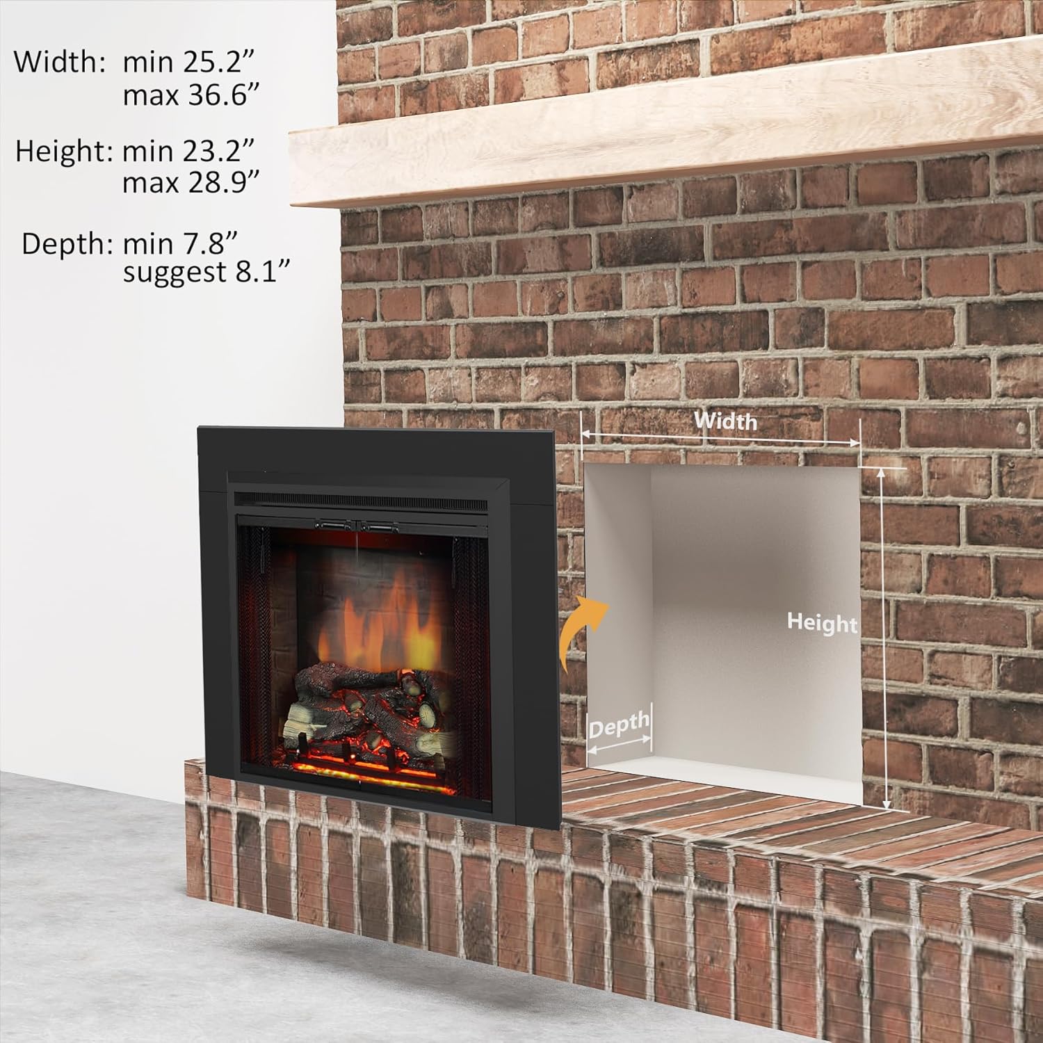 PuraFlame Klaus – Inserto de chimenea eléctrica de 26 pulgadas con kit de molduras, sonido crepitante de fuego, tronco de resina, puerta de vidrio y