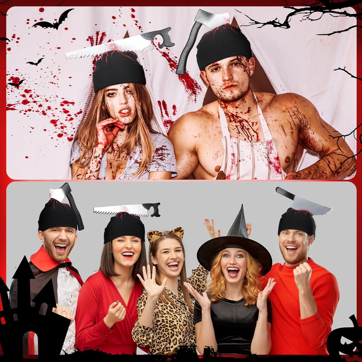 Suhine 3 piezas de sombrero de cuchillo aterrador de zombi de Halloween, accesorios de disfraz de zombi, sombrero de terror con hacha de cuchillo