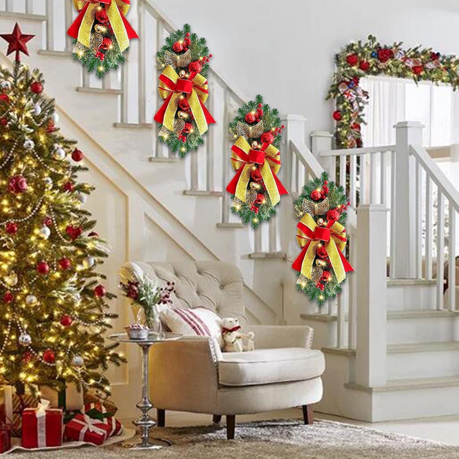 Guirnalda de escaleras de Navidad preiluminada, guirnalda de Navidad, el borde de escalera preiluminado inalámbrico, coronas de Navidad para puerta