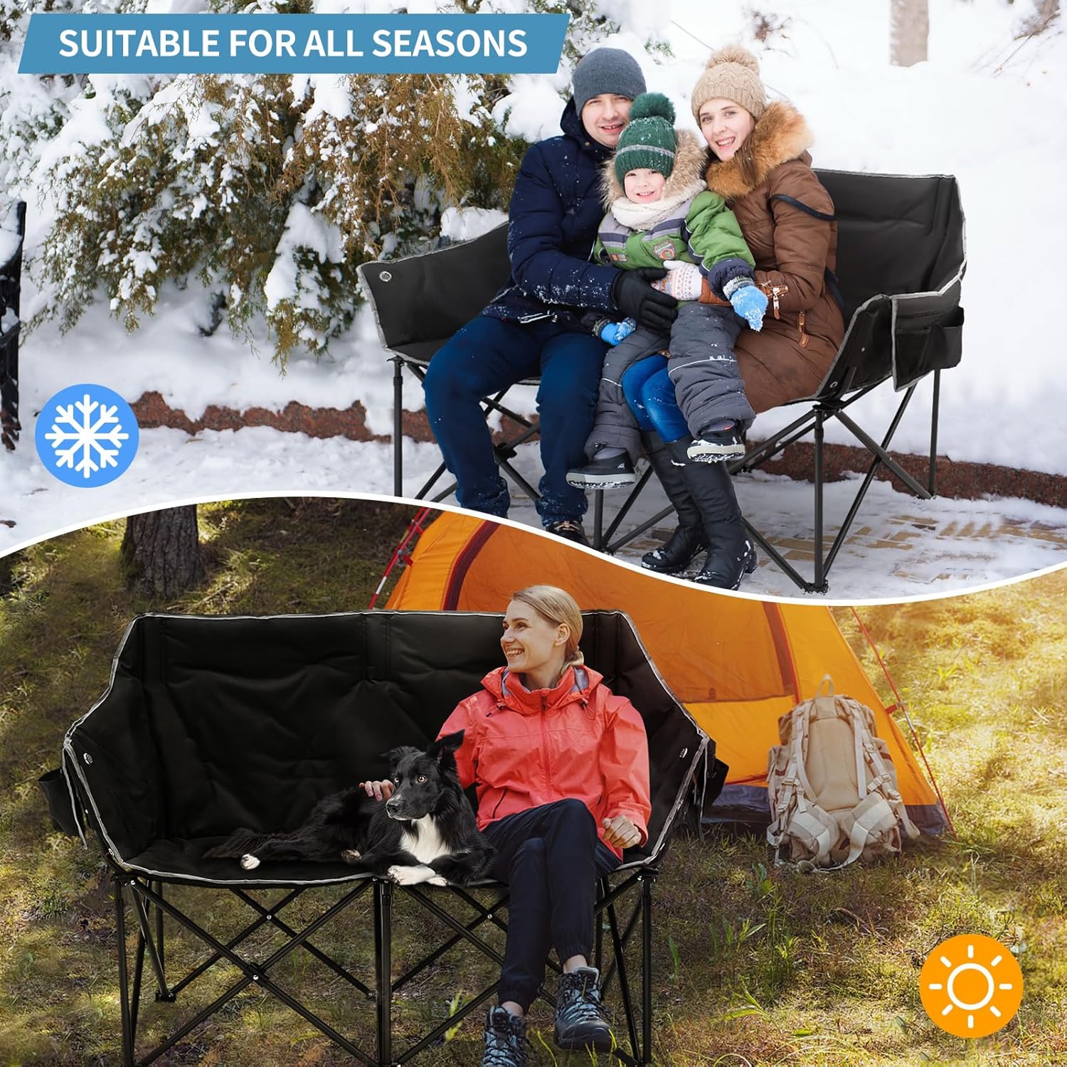 NAIZEA Silla de camping doble con calefacción, silla plegable para 2 personas, sillas térmicas portátiles para deportes al aire libre con 3 niveles