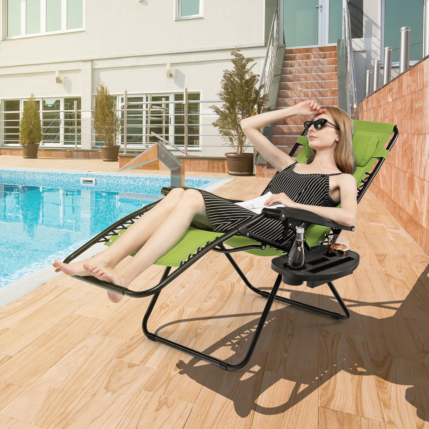 Giantex 2 sillas de gravedad cero, tumbona para exteriores con soporte para tazas, sillas plegables para patio, piscina, césped, balcón
