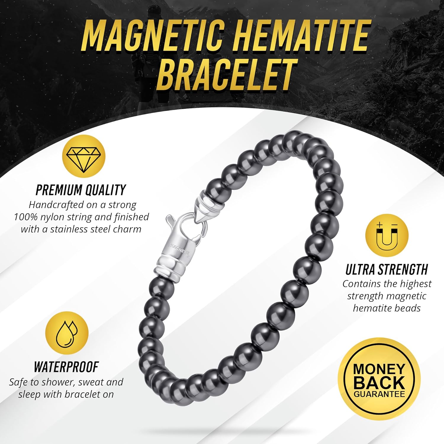 MagnetRX Pulsera magnética de hematita, piedras magnéticas de fuerza máxima, elegantes pulseras magnéticas de hematita con cuentas, Hematita,