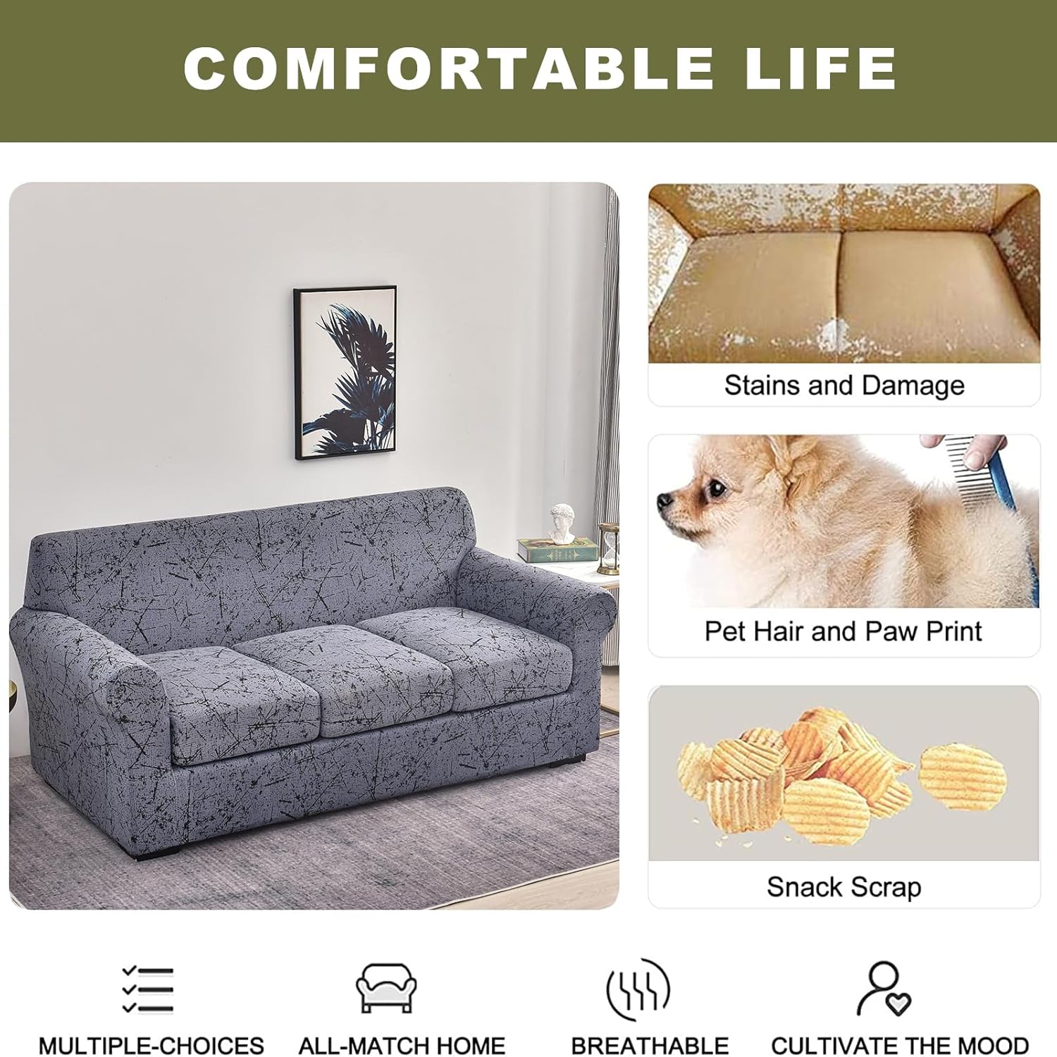Funda elástica de 4 piezas para sofá de 3 cojines, funda de sofá impresa, suave, lavable, funda de sofá seccional, protector de muebles para sala de
