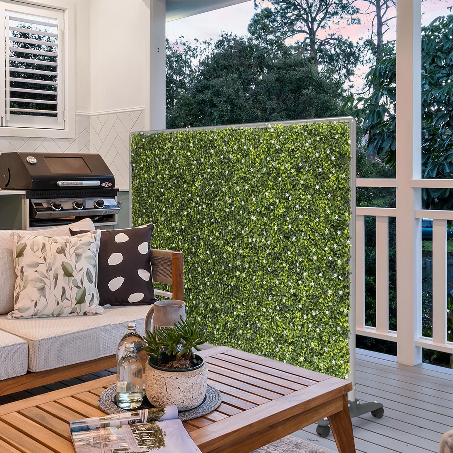 Seto de plantas artificiales de 60 pulgadas de ancho x 40 pulgadas de alto, divisor de habitación con ruedas, panel de valla de privacidad movible,
