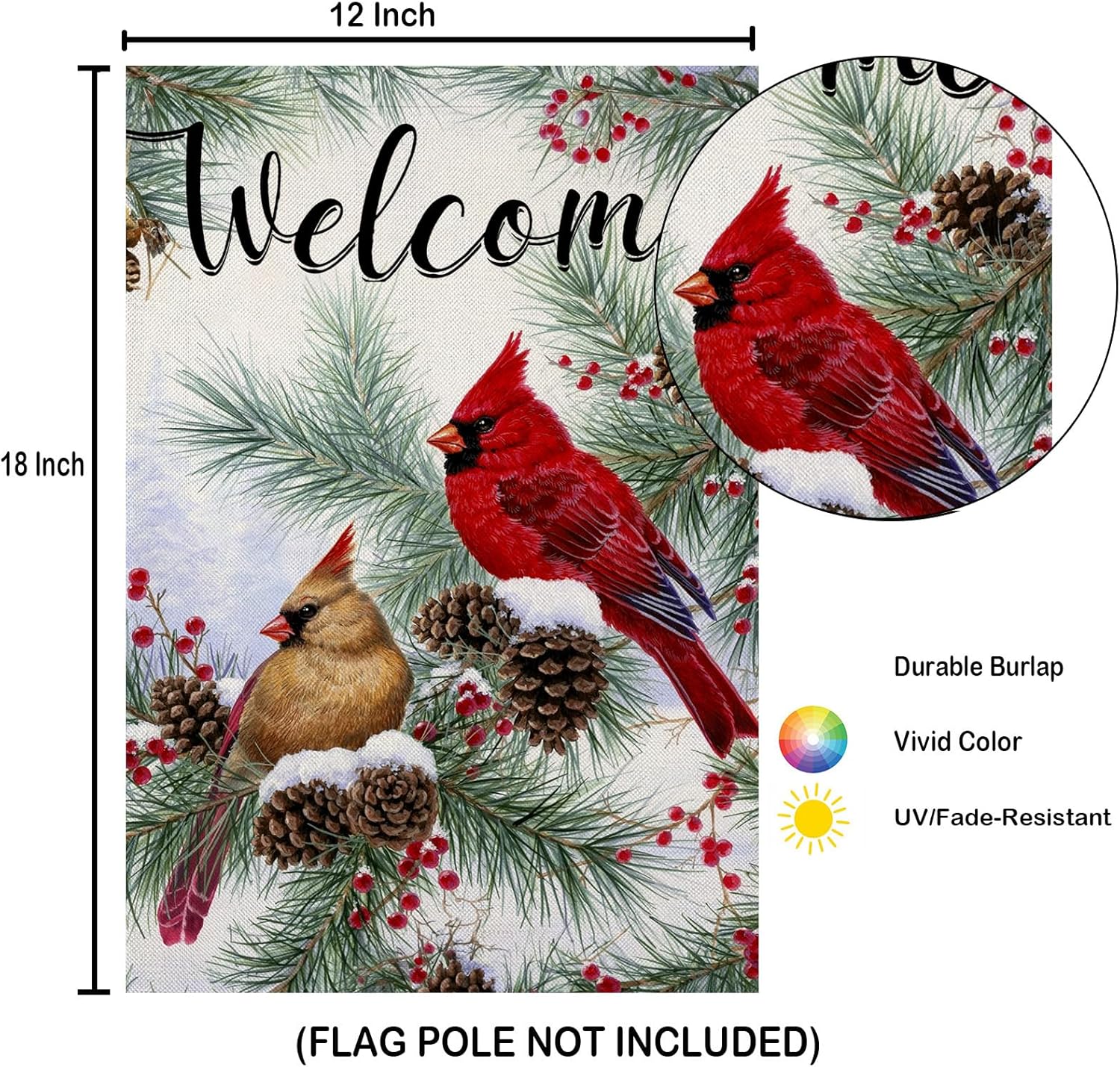 EKOREST Banderas de jardín de invierno de bienvenida para decoración exterior, bandera de patio pequeño con ramitas de pino cardenal, decoración de