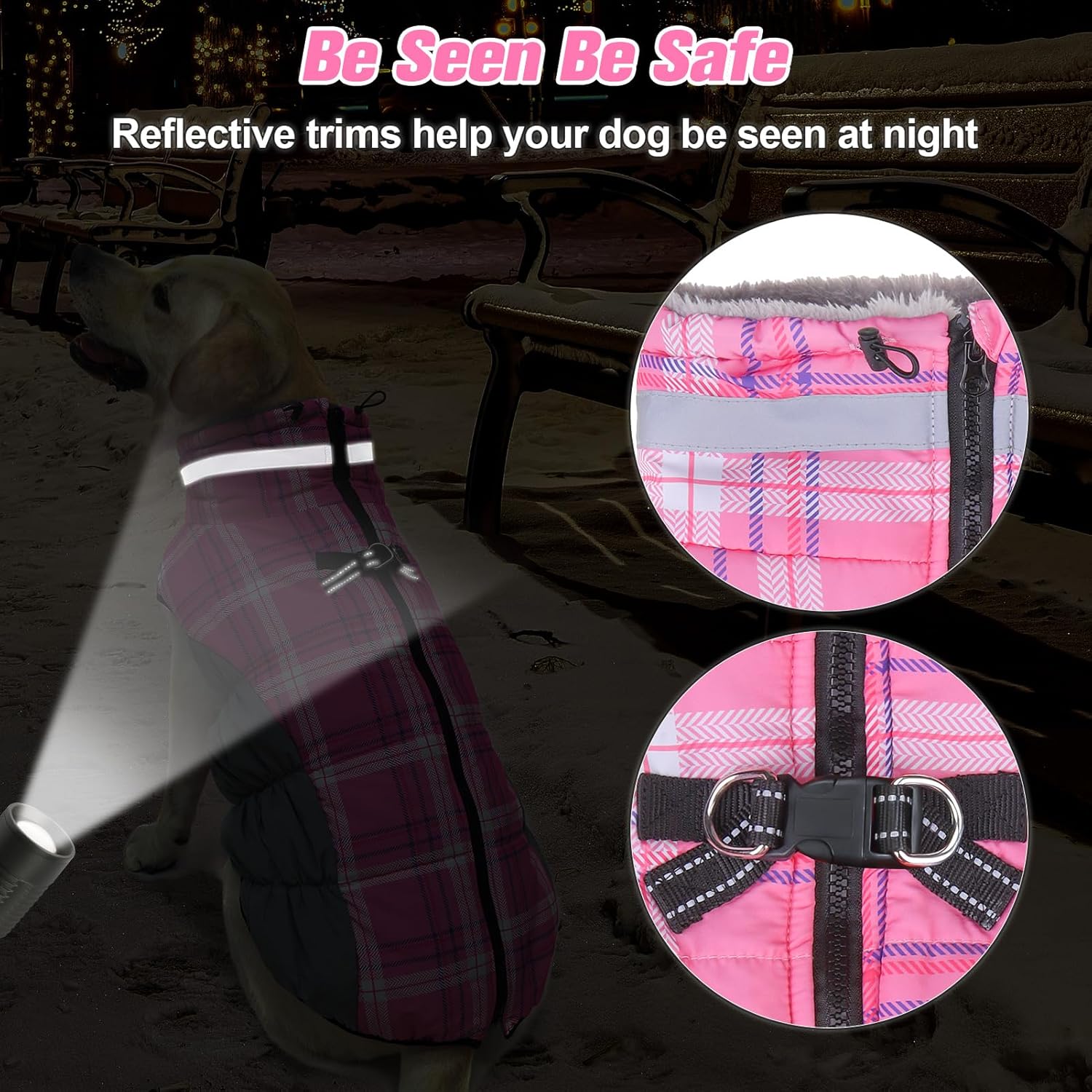 BEAUTYZOO Abrigo de invierno a cuadros para perro, chaqueta reflectante mejorada para perro, forro polar acolchado con arnés integrado, ropa