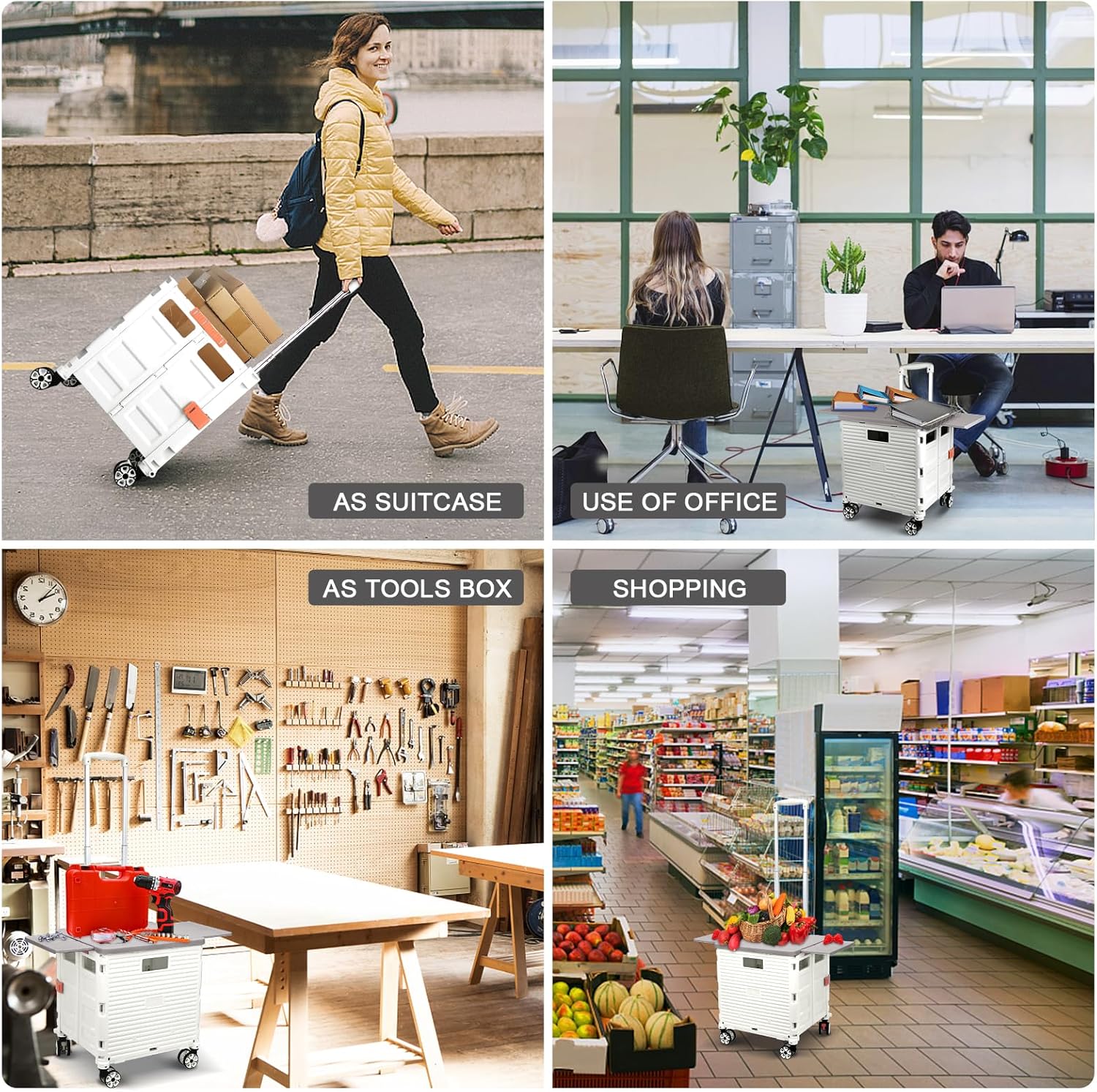 FELICON SELORSS – Carrito plegable portátil con tapa deslizante magnética, mango telescópico, caja de plástico, ruedas giratorias de 360 para