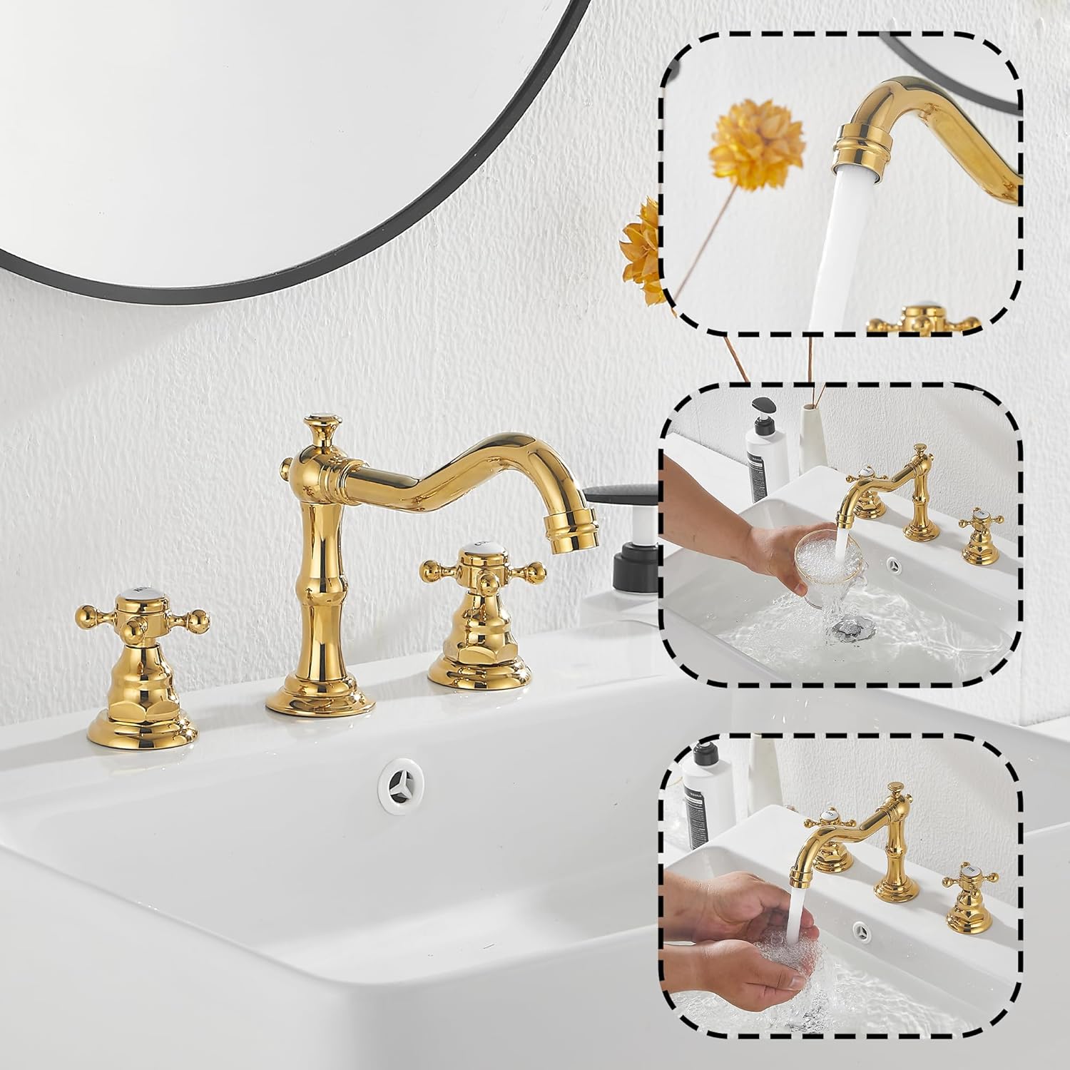 GGStudy Grifo de lavabo de baño con 2 asas, 3 agujeros, grifo de lavabo de oro pulido, manguera de suministro incluida de metal a juego con drenaje