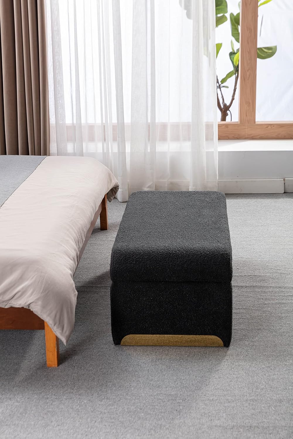 Banco de tela Boucle con reposapiés otomano para dormitorio, banco de zapatos con patas de metal dorado, color negro