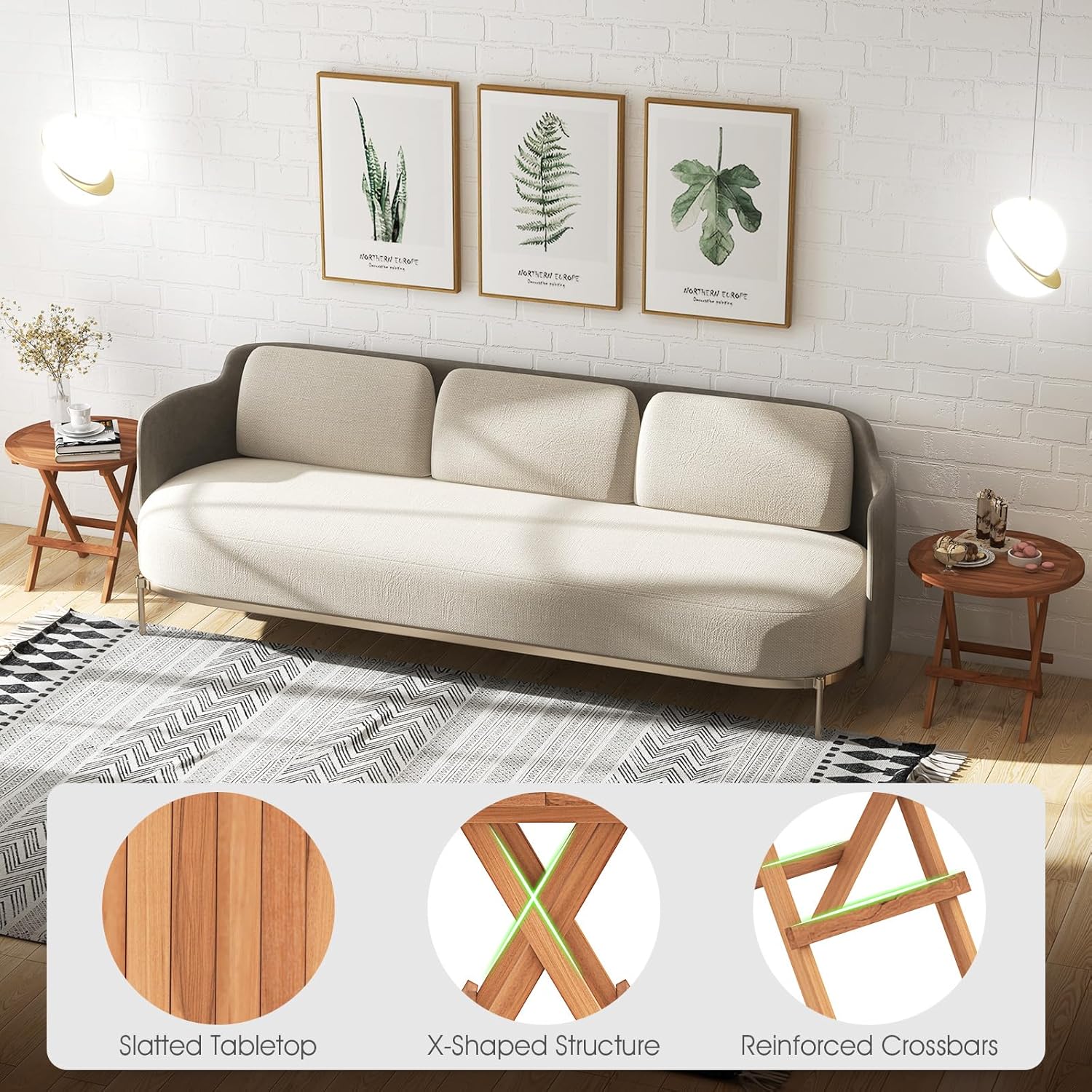 RELAX4LIFE Mesa auxiliar plegable para exteriores, mesa auxiliar de madera de teca, mesa auxiliar redonda para interiores con mesa de listones,