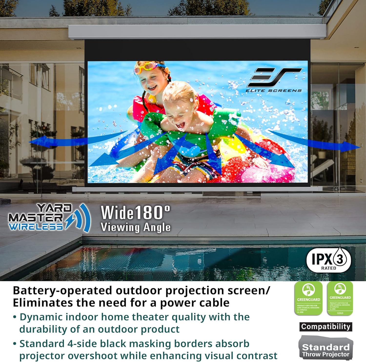 Elite Screens Yard Master Wireless, 125 pulgadas Diag. Pantalla de proyector motorizada para exteriores 169, batería de iones de litio recargable