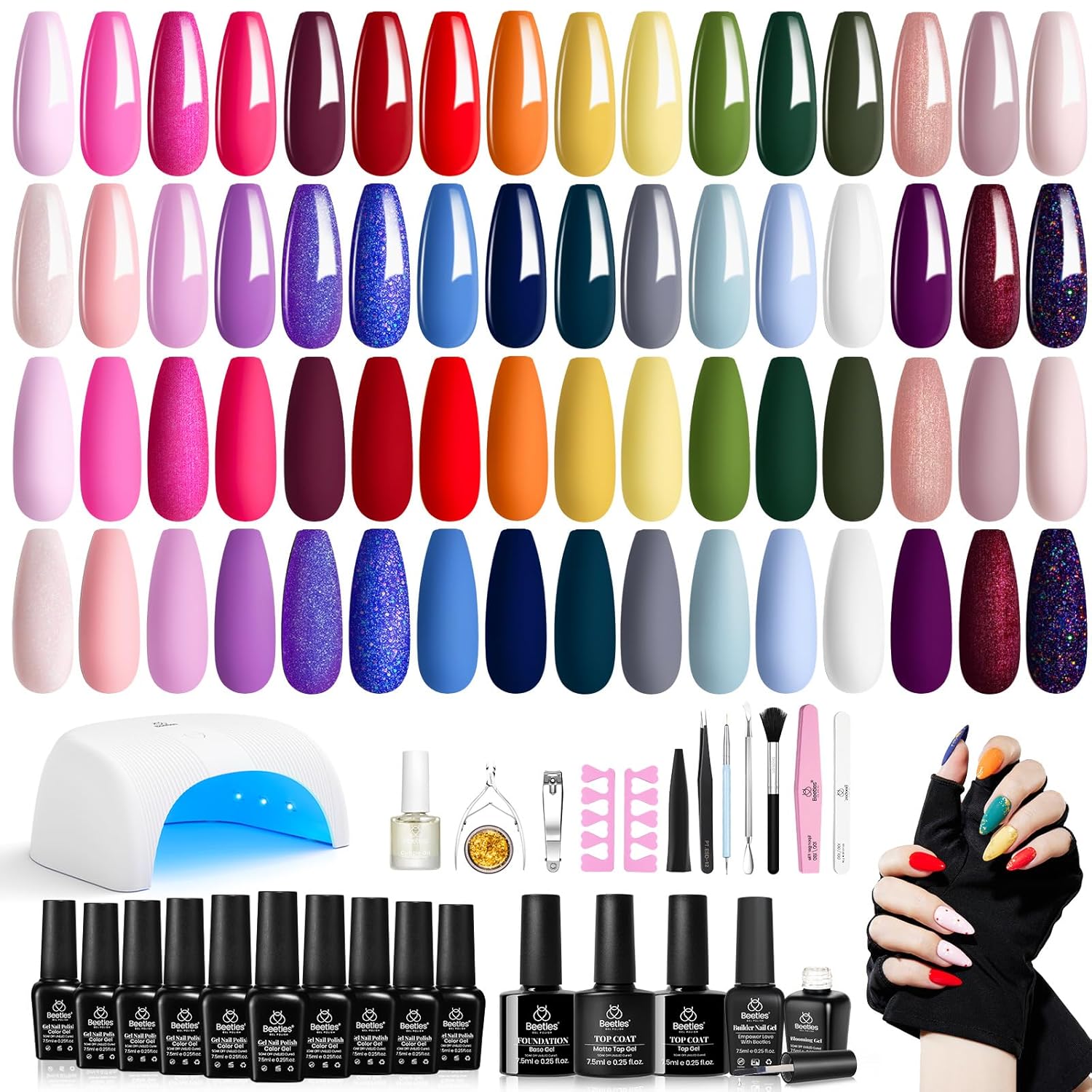 Beetles – Kit de esmalte de uñas de gel con luz UV, 53 piezas, kit de iniciación de gel de 32 colores, rosa, azul, purpurina, juego de esmalte de