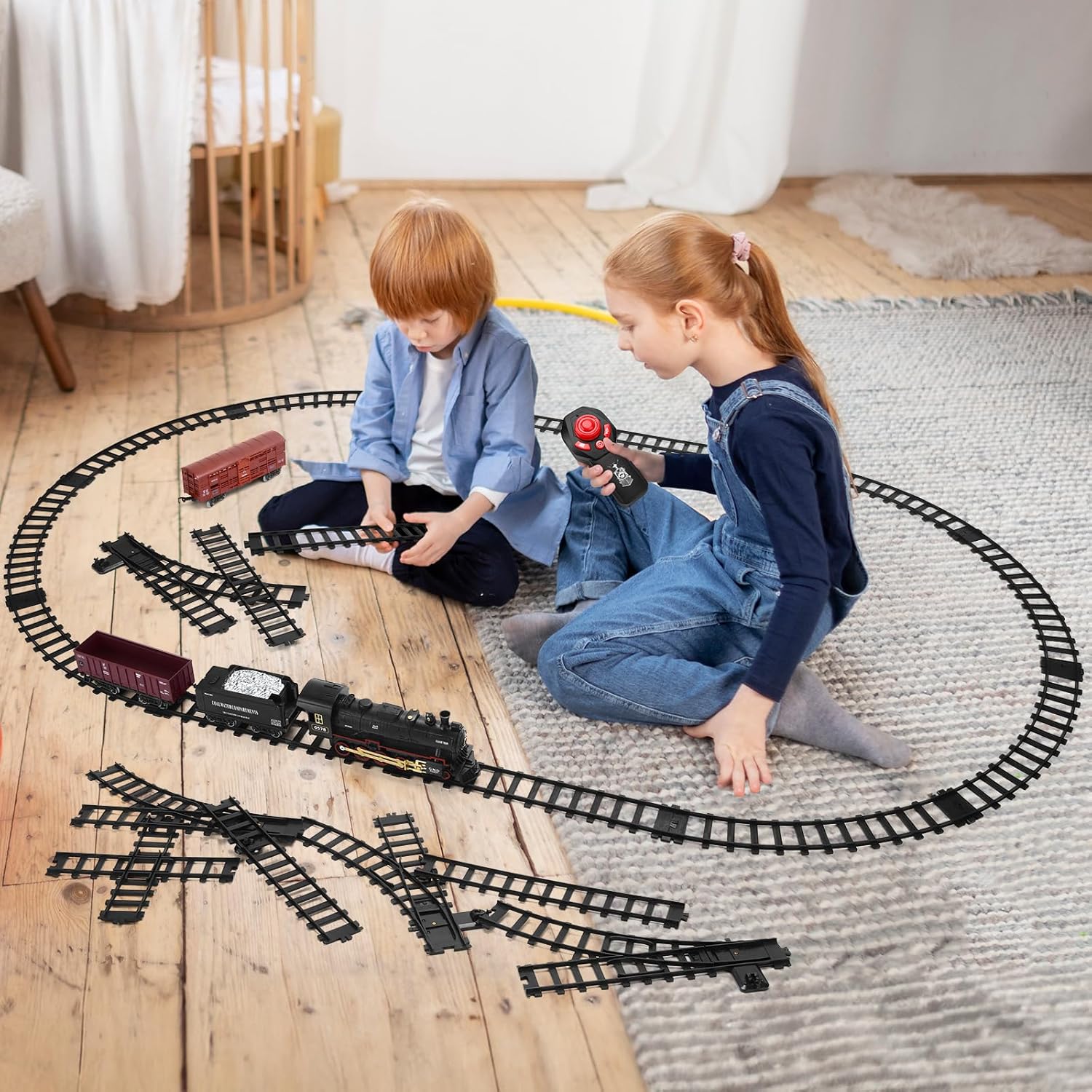 Juego de tren para niños, juguete de tren a control remoto con vehículo de carga, motor de locomotora de vapor, pistas largas de tren debajo del