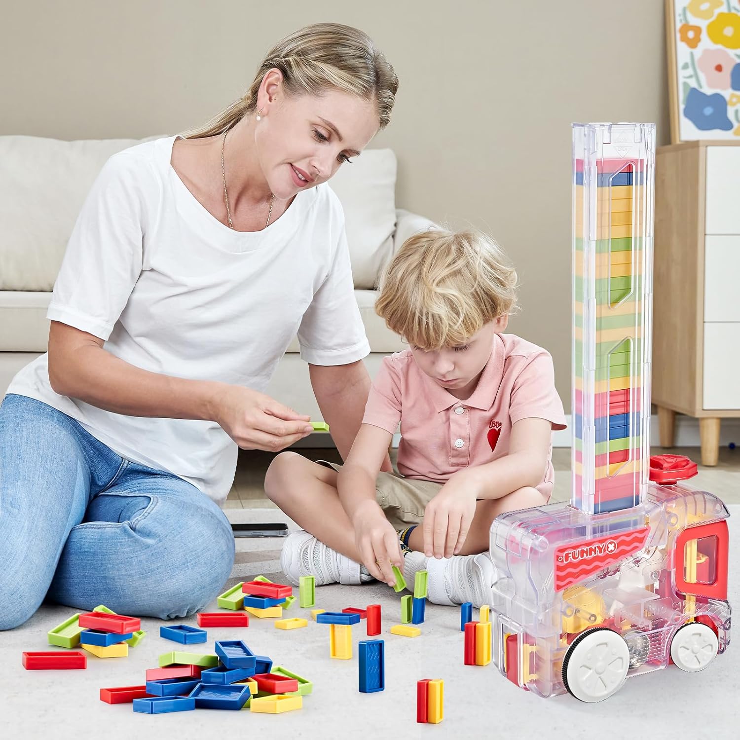 Tren de dominó automático actualizado 2024 con 180 Dominos Montessori STEM juguetes regalos para niños y niñas (rojo)