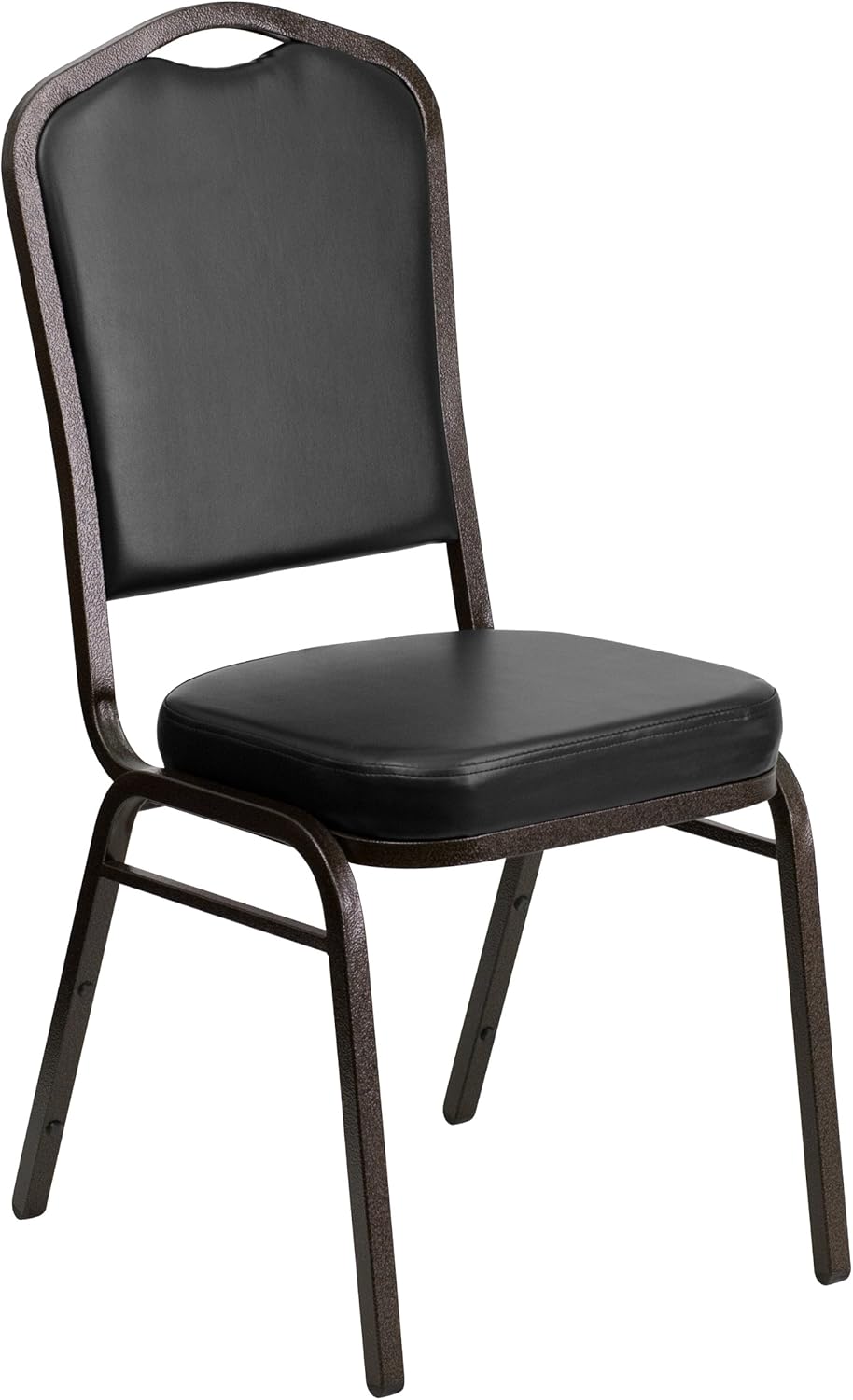 BizChair Silla de banquete apilable con respaldo de corona en vinilo negro – Marco de vena dorada