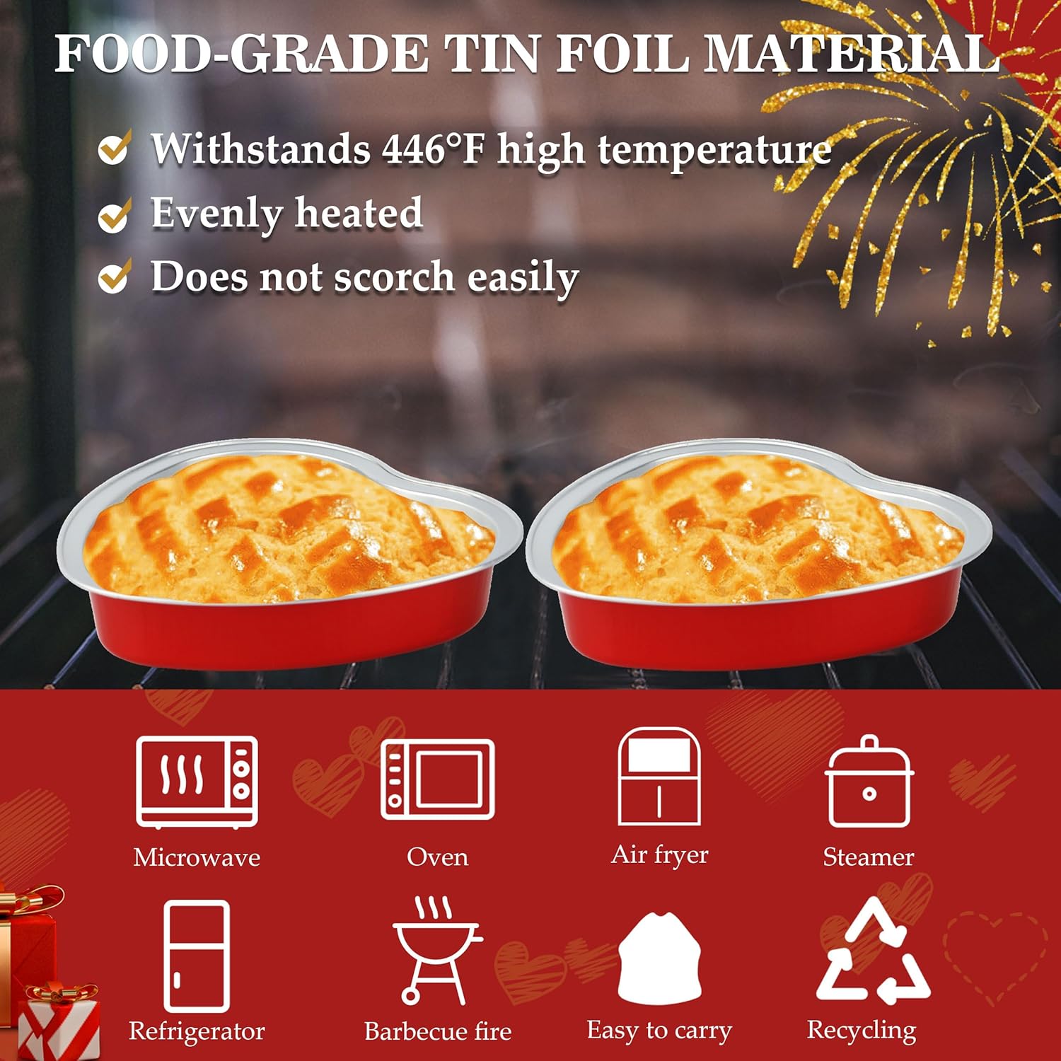 Sartenes de aluminio con tapa de corazón, 30 forros para cupcakes de 8.5 onzas con tapas, tazas desechables de papel de aluminio para pasteles con