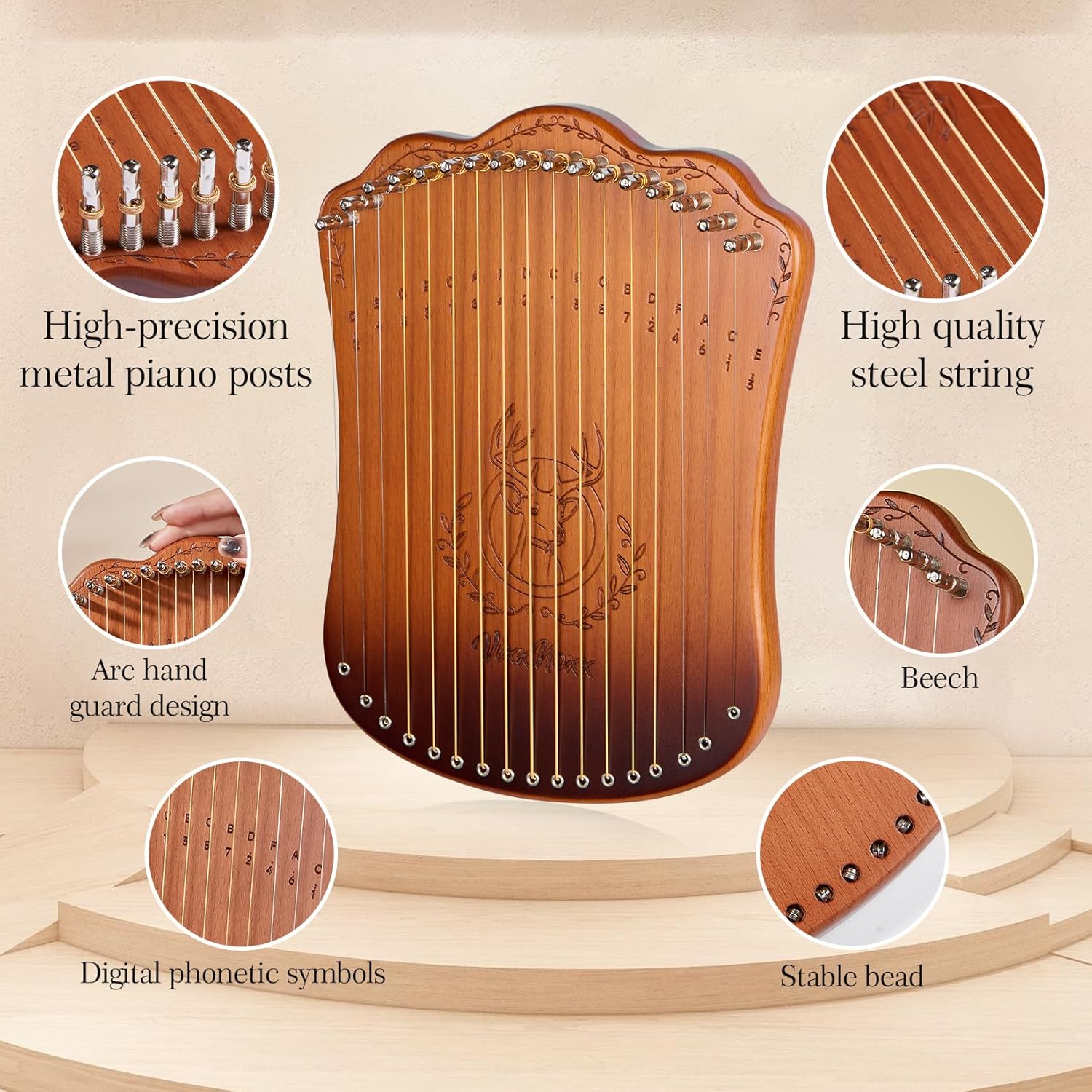 VixxNoxx Arpa de lira, kit de arpa de Lyra de 17 cuerdas sólidas, instrumentos musicales de cuerda con bolsa de llave de afinación, instrucciones