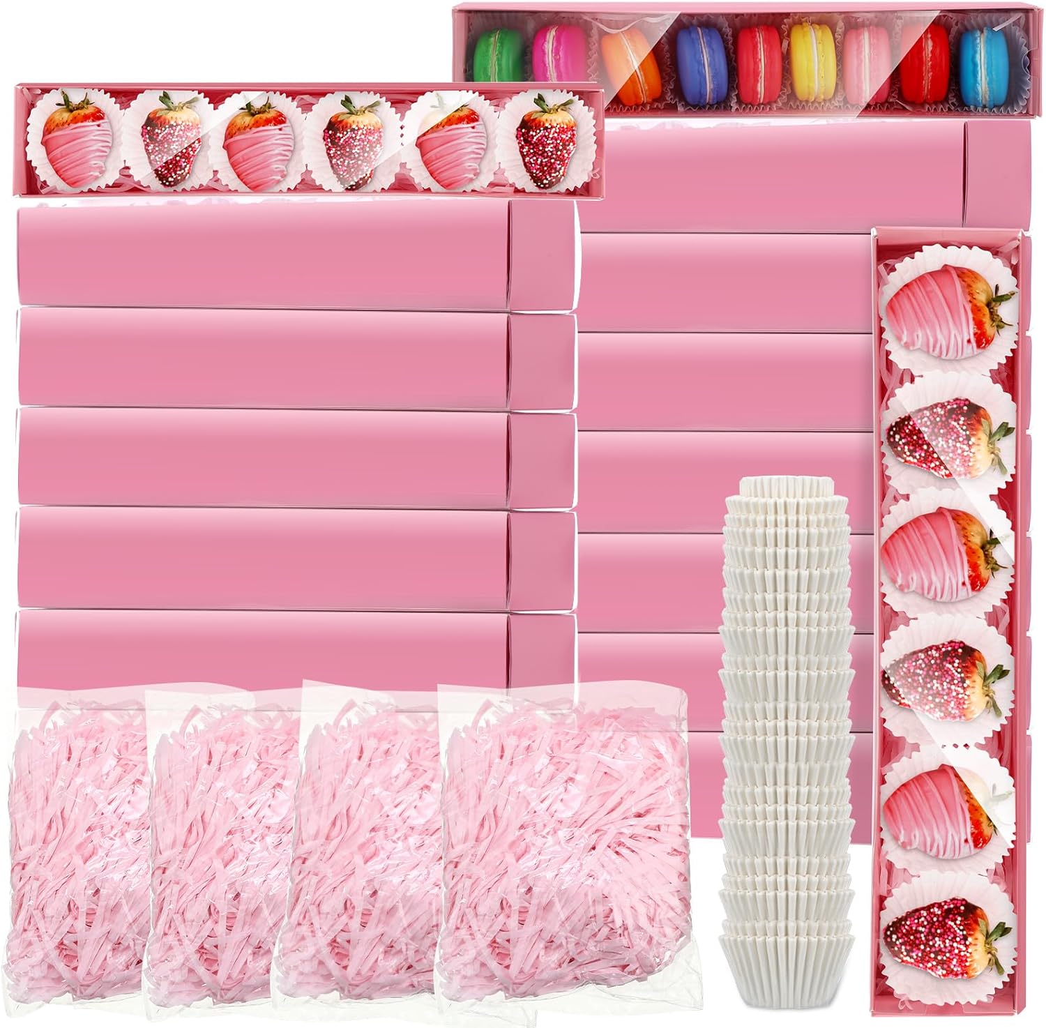 40 juegos de cajas de fresas de chocolate para el día de San Valentín con ventana transparente, 250 bandejas de papel para alimentos, 4 bolsas,